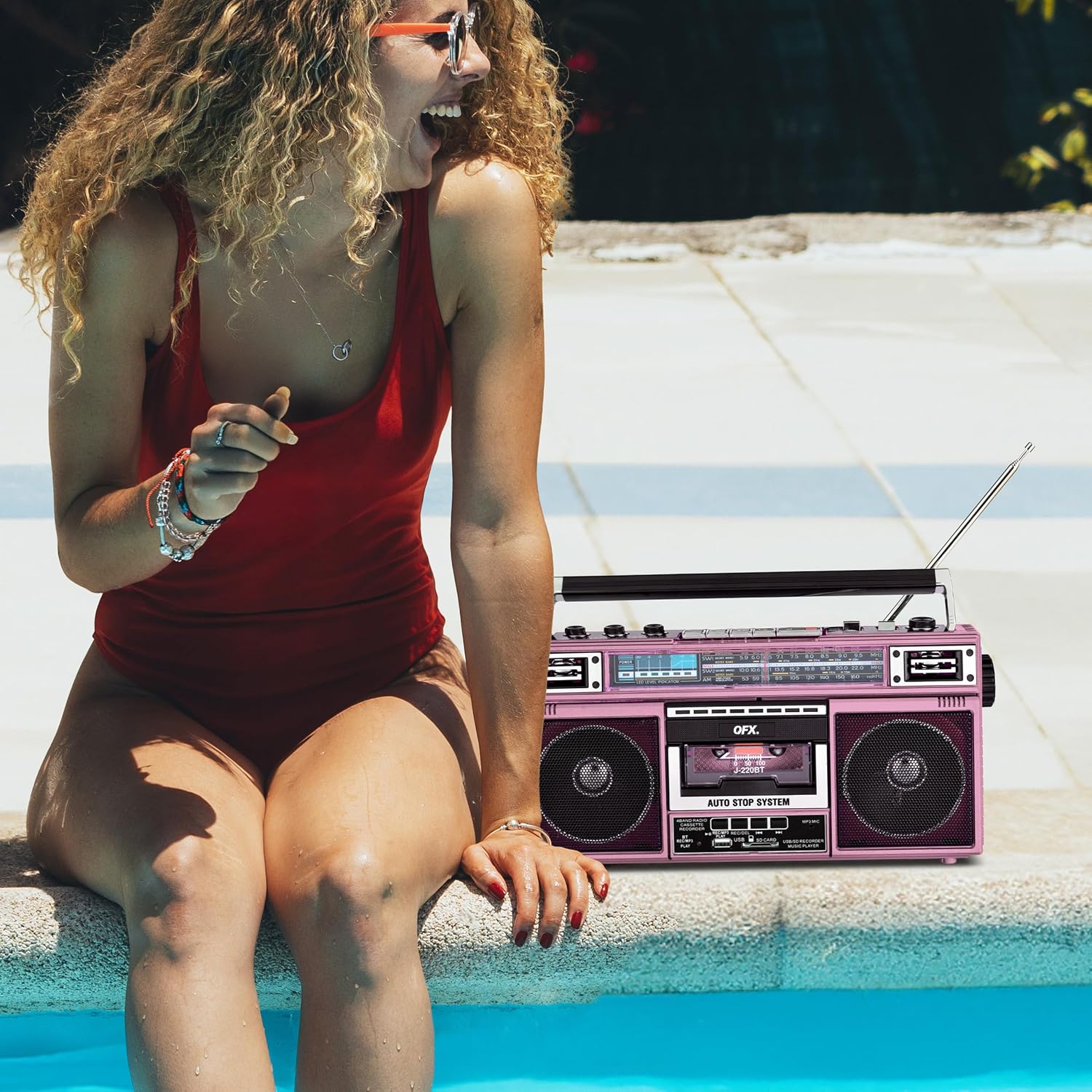 QFX Retro Bluetooth Boombox Cassette Tape Player Recorder, J-220BT, Pink