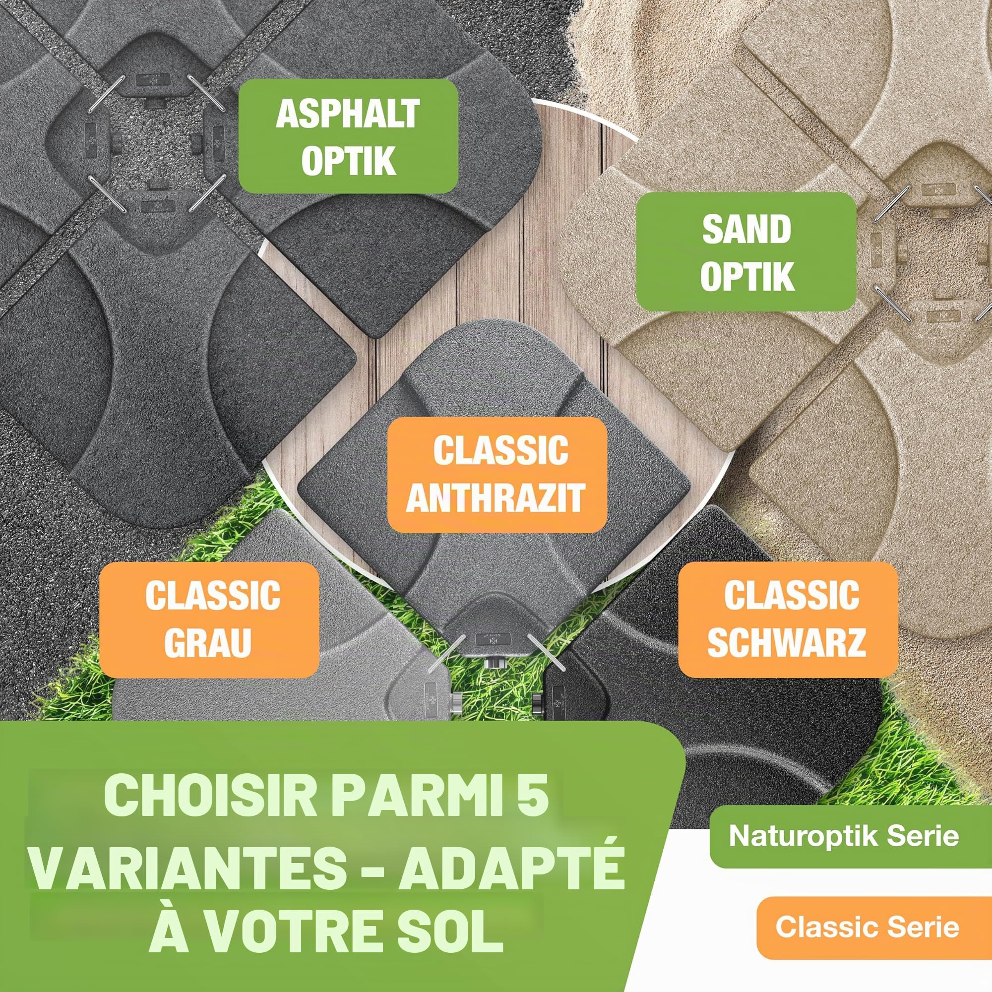 KESSER Lot de 4 pieds de parasol pour parasol déporté - 60 l/80 kg - À remplir avec de l'eau ou du sable - Avec connecteur en métal - Pied de parasol déporté en plastique