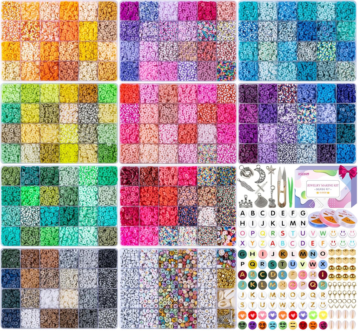 XSEINO 46000Pcs Clay Beads - 216Colors 10Boxes Clay Beads, 5 Styles Letter Beads,with Rich Making Accessories and 3 Rolls Crystal Cord,for Crafts
