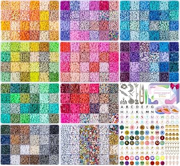 XSEINO 46000Pcs Clay Beads - 216Colors 10Boxes Clay Beads, 5 Styles Letter Beads,with Rich Making Accessories and 3 Rolls Crystal Cord,for Crafts