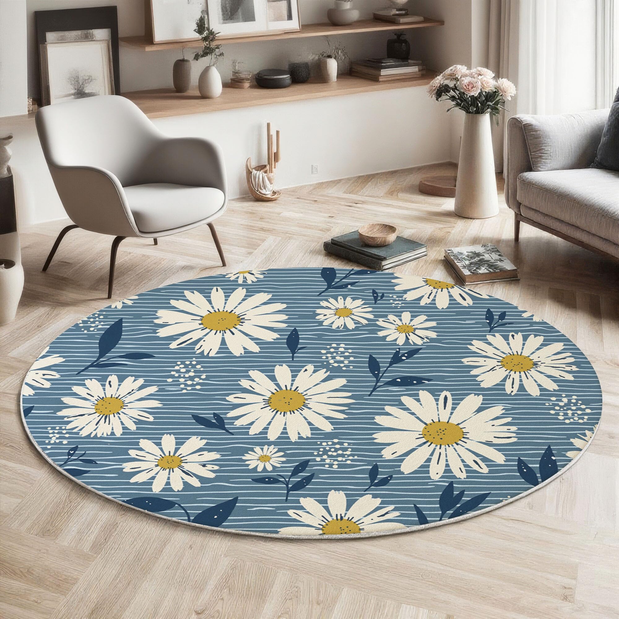 Tapis rond fleurs bleu au design marguerite chic et finitions premium