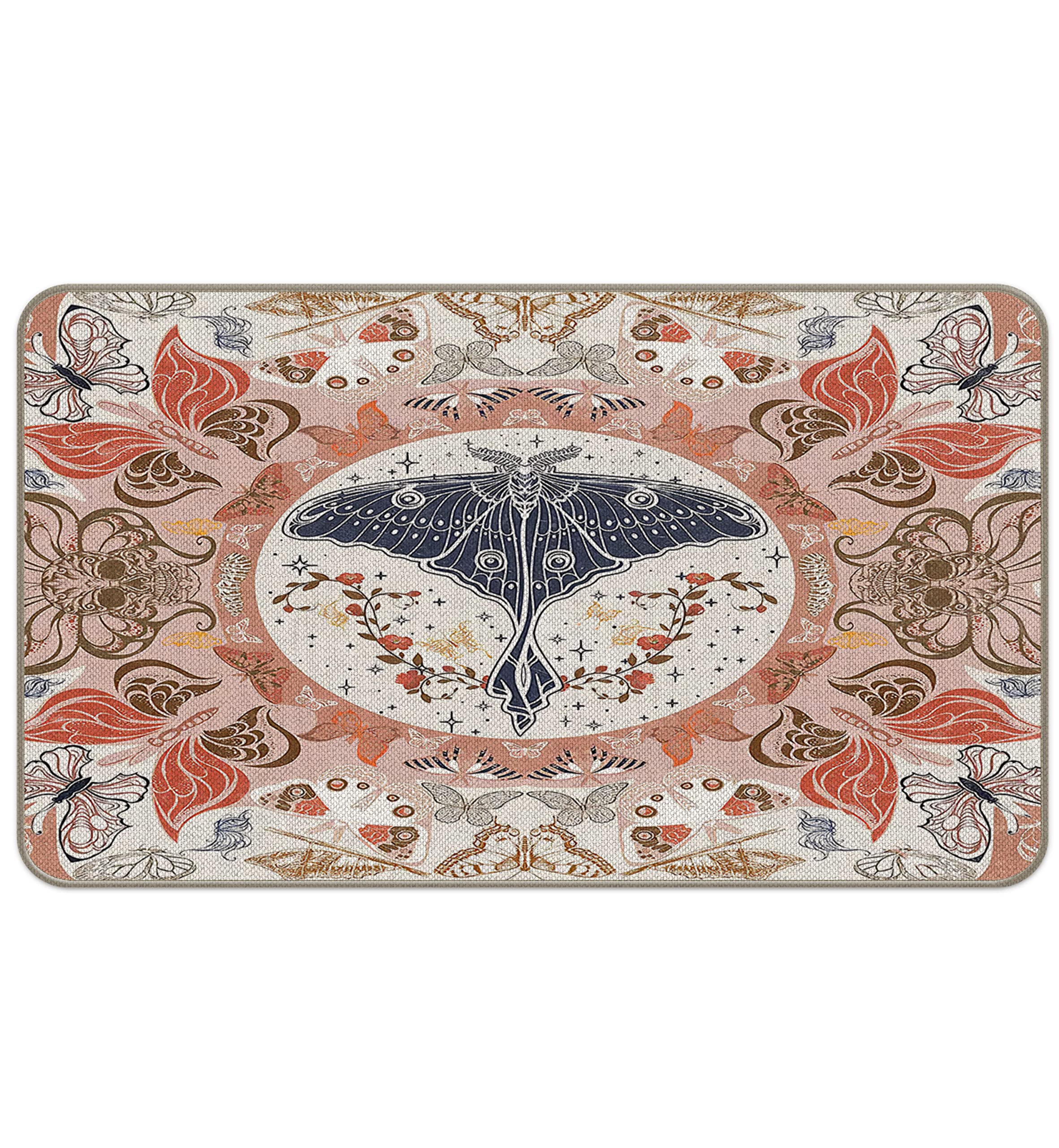 Psychedelic Butterfly Moth Skull Entrance Door Mat 17x30 Inch Doormats Decor, Trippy Floral Gothic Hippy Butterfly Art Home Front Door Porch Outdoor Indoor Decorations