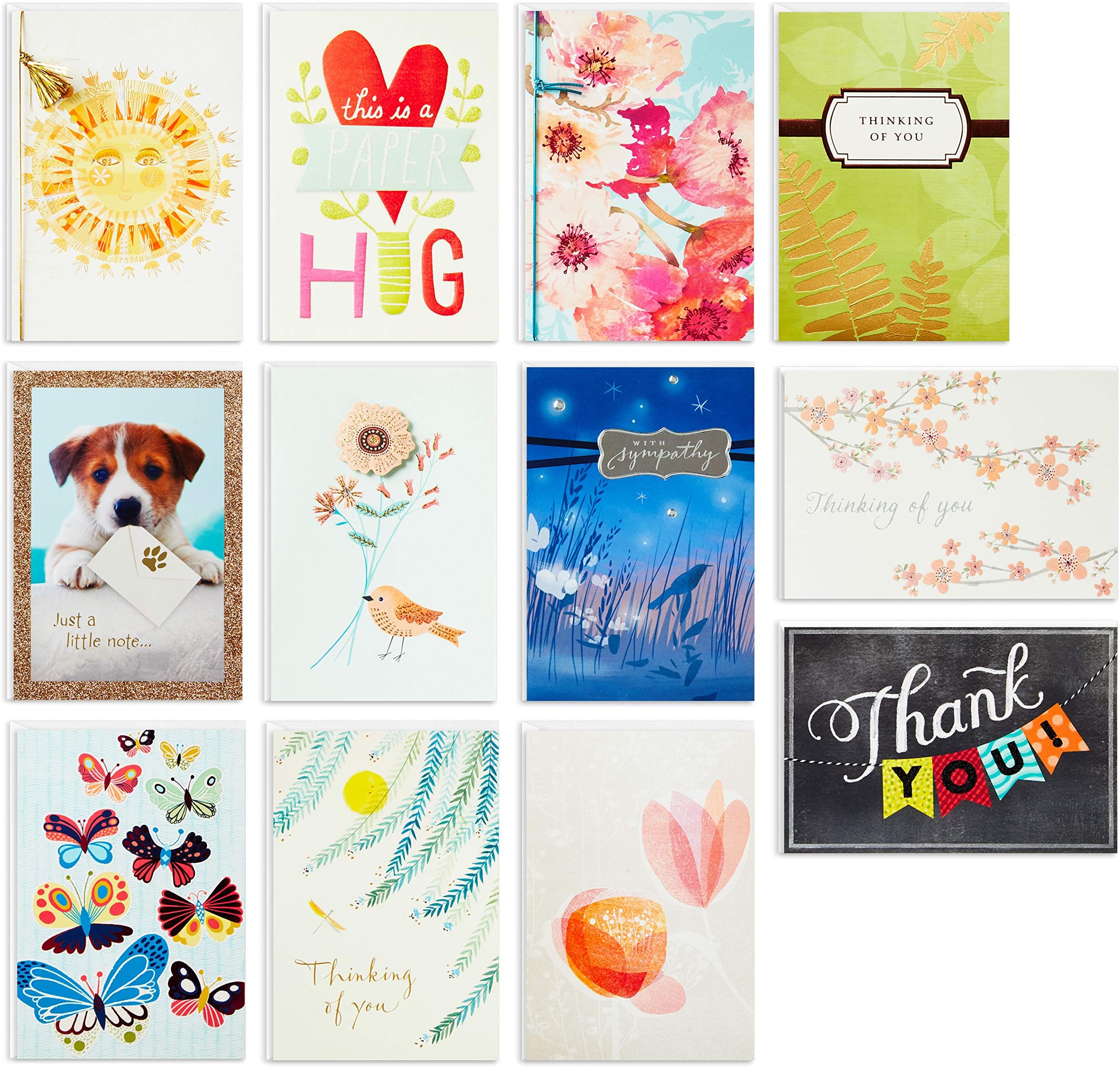 All Occasion Cards Assortment—Thinking of You, Thank You, Sympathy Cards (12 Cards, Refill Pack for Hallmark Card Organizer Box)