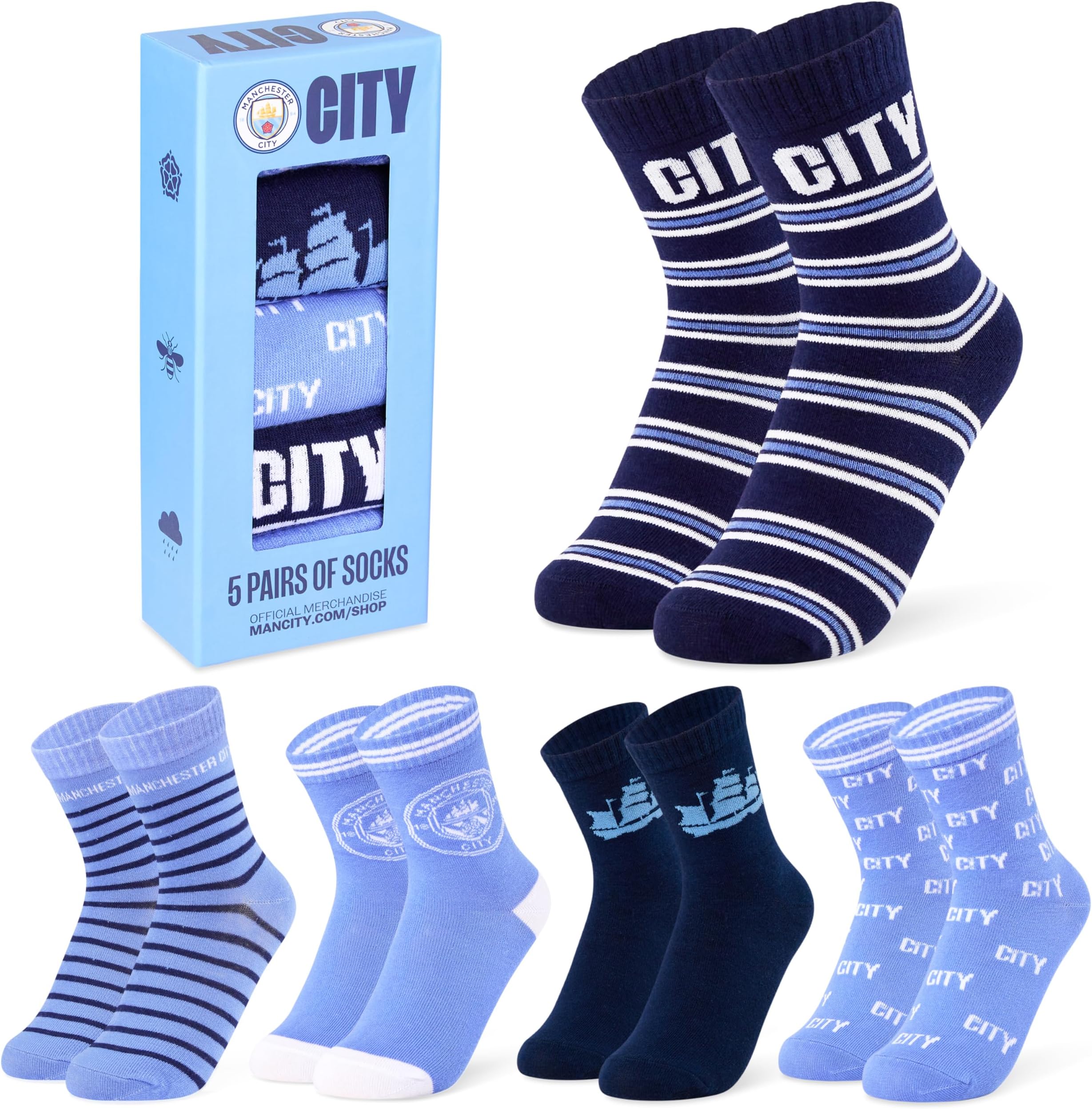 Boys Socks - Pack of 5 Crew Socks for Teenagers Soft Breathable Size 13-8 Man City Gifts (Blue, 5-9 Years, 13/4)