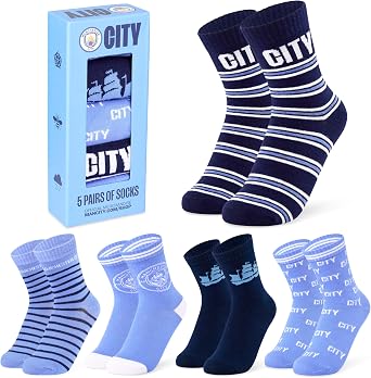 Manchester City FC Boys Socks - Pack of 5 Crew Socks for Teenagers Soft Breathable Size 13-8 Man City Gifts