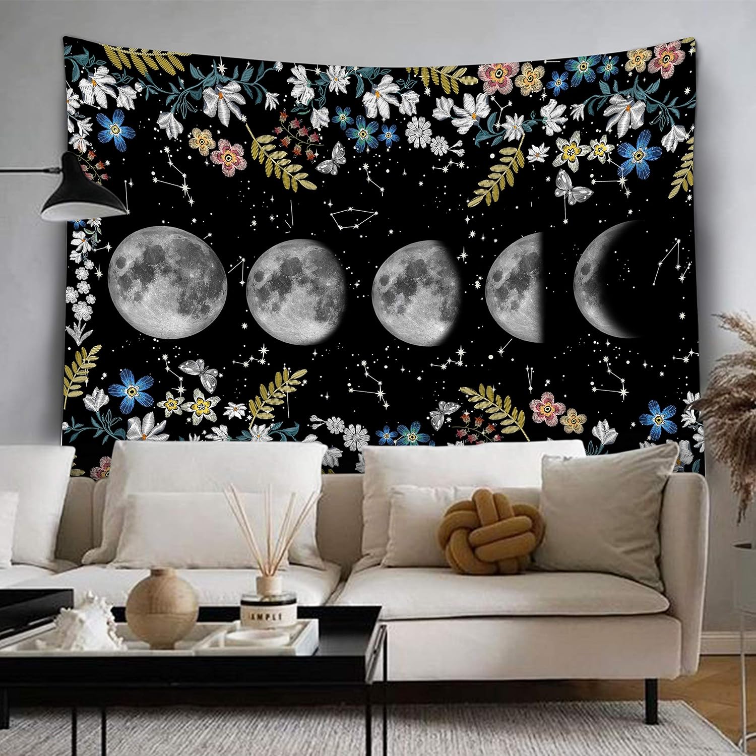 Bonsai Tree Moon Phases Tapestry, Constellation Moon Star Flowers Queen Tapestry Wall Hanging, Starry Night Galaxy Black White Wall Tapestries for Bedroom College Room Home Decorations, 68.9”x92”