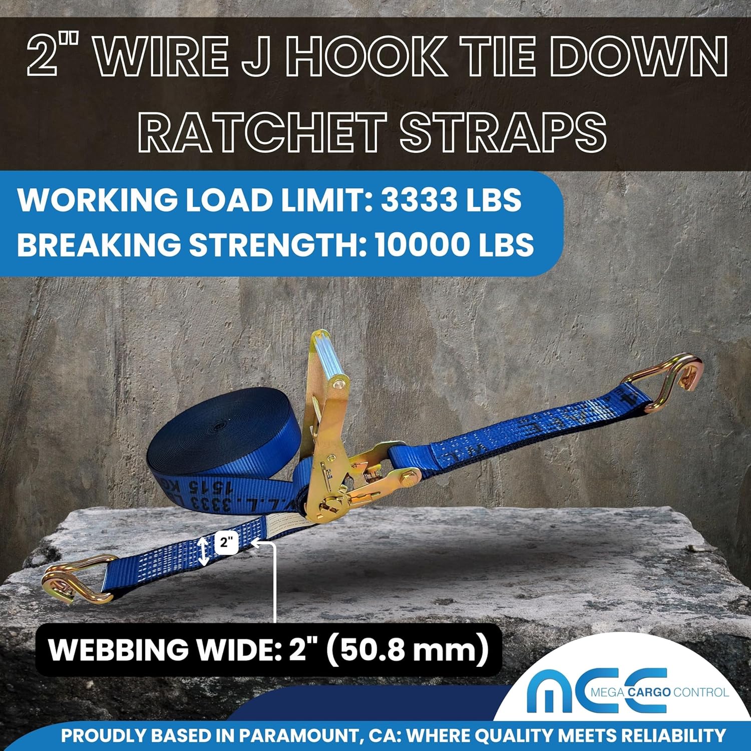 Mega Cargo Contol 2 -Pack Heavy Duty J Hook Ratchet Straps - 2" x 60' Blue Tie Downs for Hauling, Construction, Moving, Lawn Outdoor - 3,333 Lbs Working Load Limit