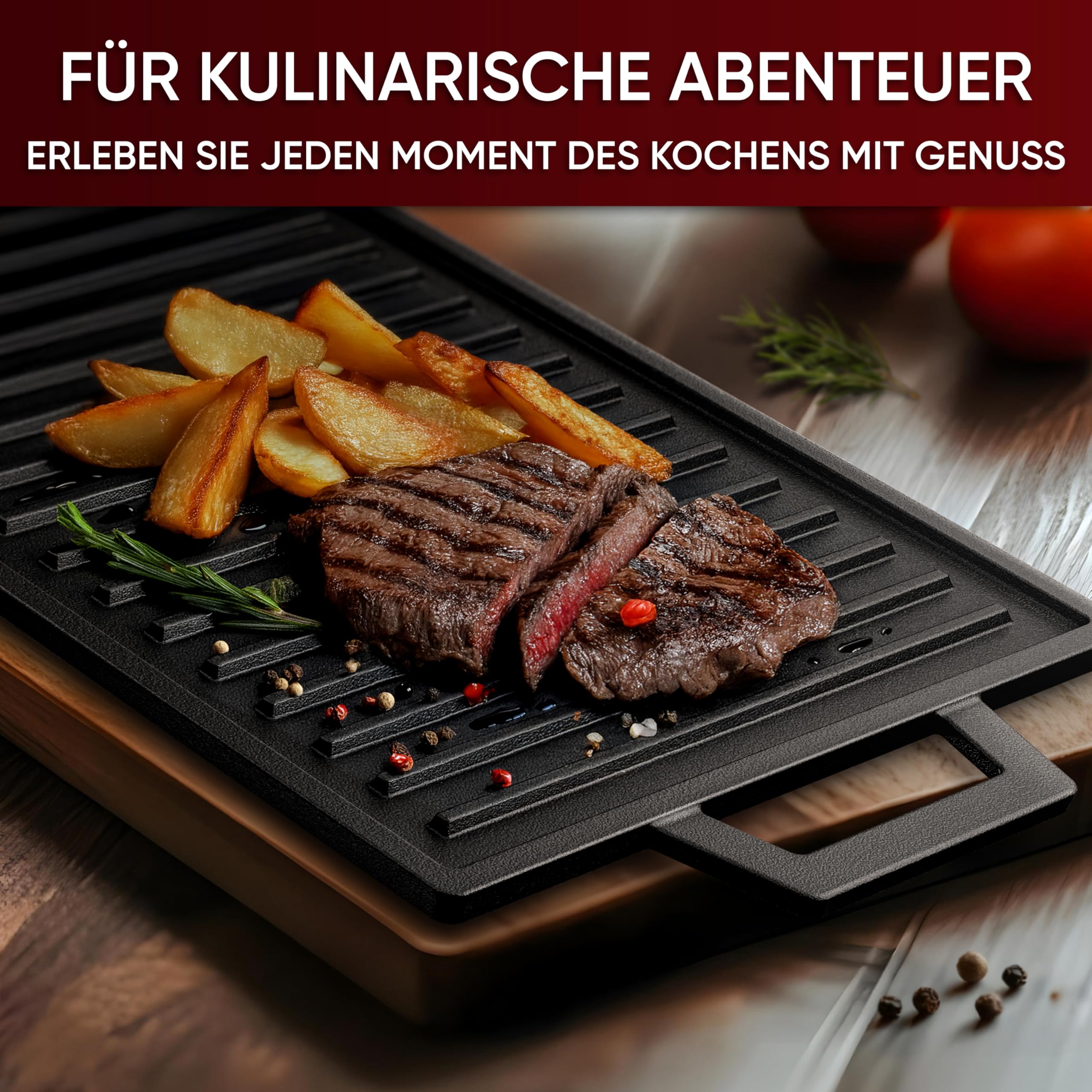 GUSSKÖNIG Gusseisen Grillplatte - 33cm Wendeplatte für Gasgrill, Induktion, Herd & Backofen - Grillplatte Induktion Gusseisen, GussGrillplatte, Cast Iron Grill Plate - inkl. Rezeptbuch