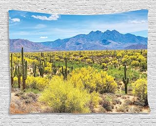 Ambesonne Saguaro Tapestry, Blooming Palo Verdes and Saguaros at 4 Peaks Hills Phoenix Arizona, Wide Wall Hanging for Bedroom Living Room Dorm, 80" X 60", Apple Green