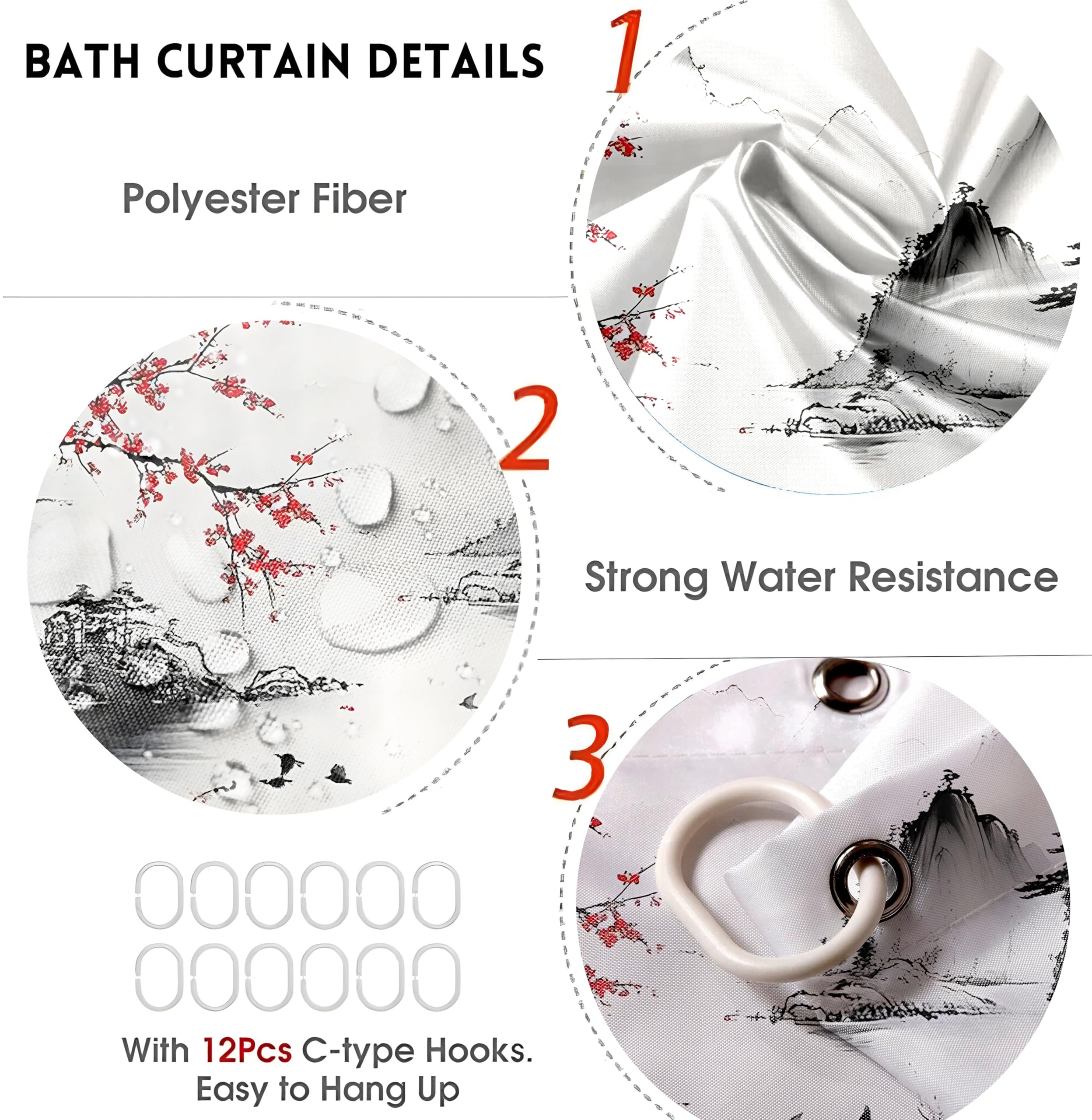 Ensemble de rideau de douche 4 pièces avec rideau de douche et tapis, rideau de bain de style japonais avec crochets pour décoration d'intérieur
