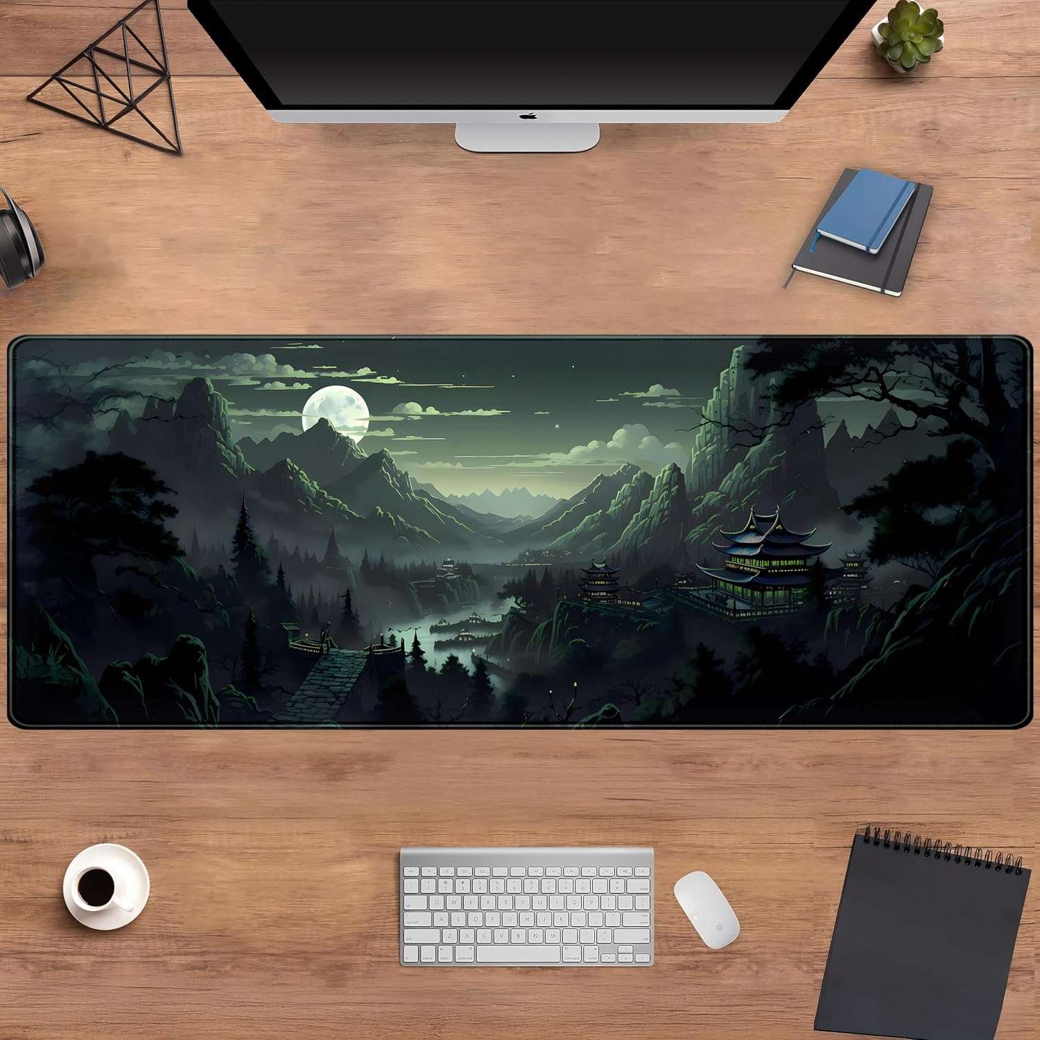 Green Mouse Pad Natural Moon Desk Mat Mousepad XL Large Extended Desk Pad Anime Mountains Desk Matt for Desktop, Laptop Computer Keyboard Mouse Mat for Women Office Decor Accessories 31.5x11.8 in image 4