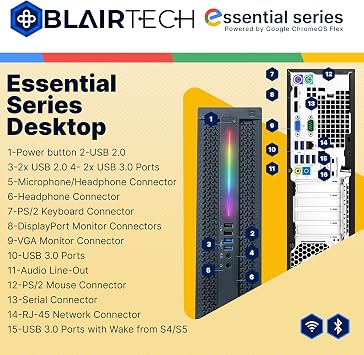 BlairTech Desktop Computer PC, Essential Series, Intel Core i5, 8GB RAM, 256GB SSD, WiFi 6, Bluetooth, HDMI, Display - 22 Monitor w/Mouse & Keyboard, Powered by Google ChromeOS Flex - Restored