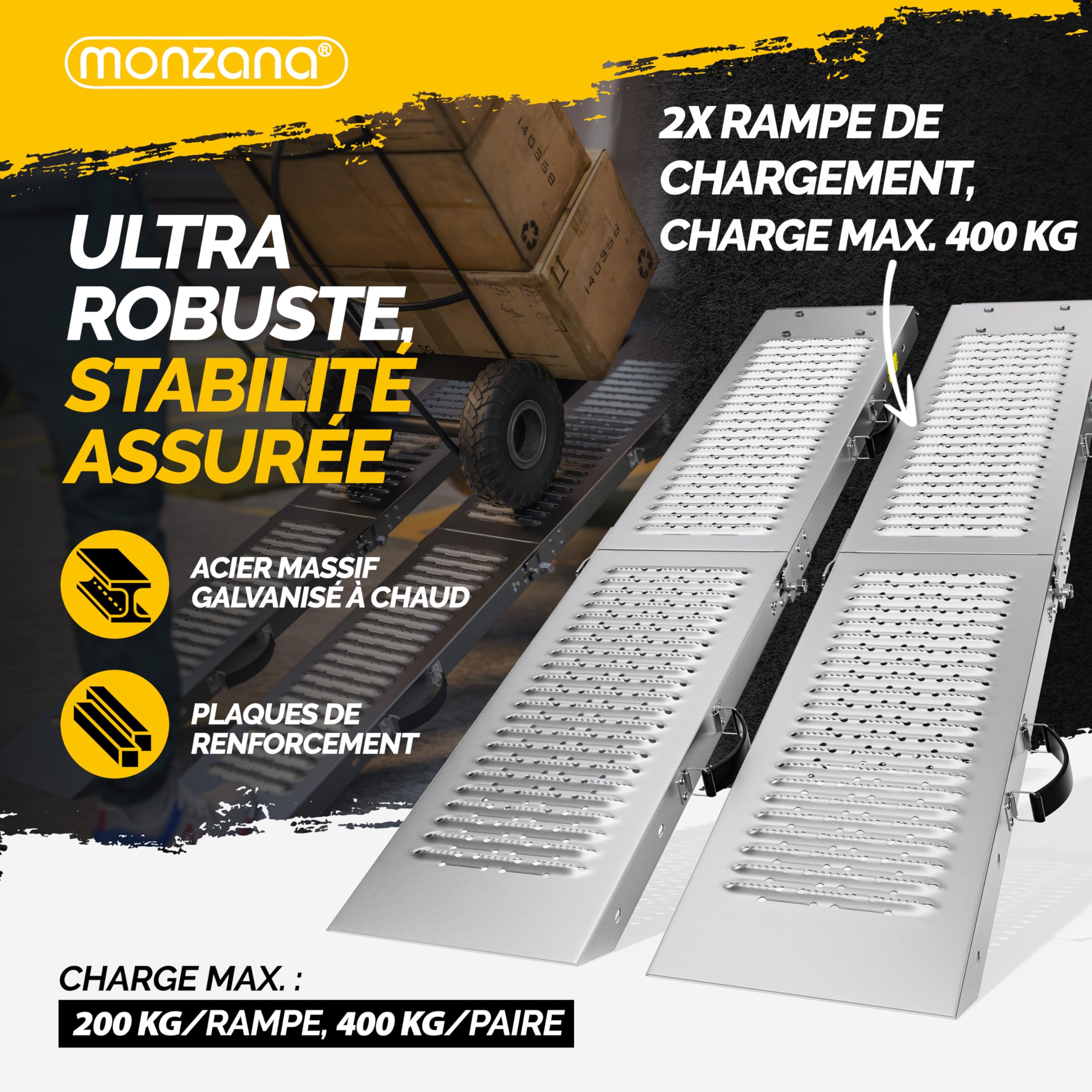 MONZANA® Lot de 2 rampes de Chargement Pliables en Acier galvanisé Charge Max. 200 kg par Rampe Surface antidérapante