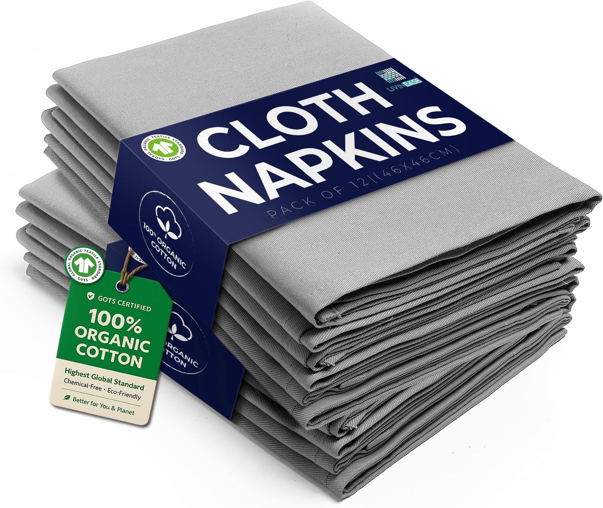 LivinEase Cotton Cloth Napkins Set of 12-100% Cotton 46 x 46 cm Reusable Oversized Grey Dinner Napkins - Heavy Weight Hotel Quality Pure Fabric - Ideal for Home Use & Events (Grey)