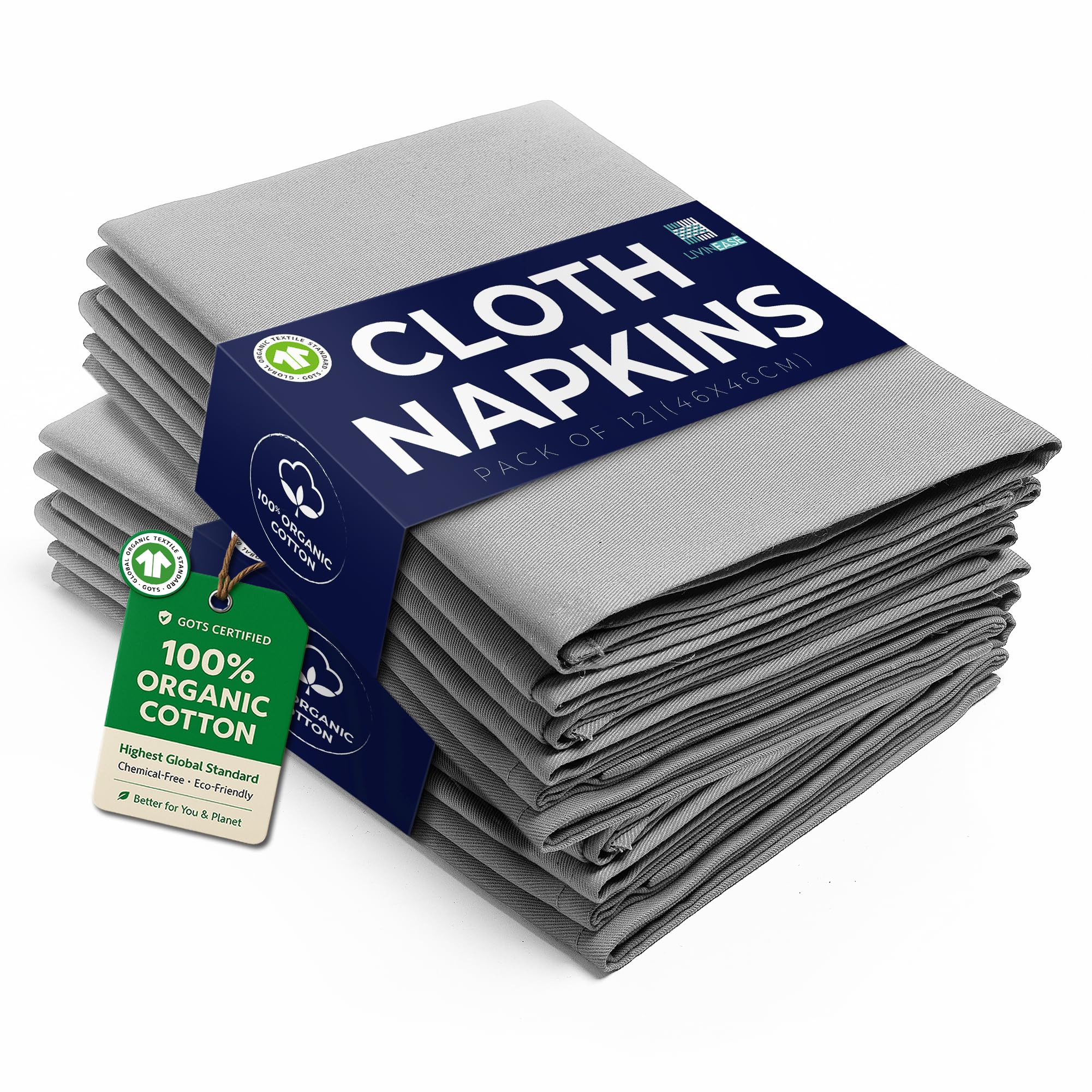 Sponsored Ad – Cotton Cloth Napkins Set of 12-100% Cotton 46 x 46 cm Reusable Oversized Grey Dinner Napkins - Heavy Weight Hotel Quality Pure Fabric - Ideal for Home Use & Events (Grey)