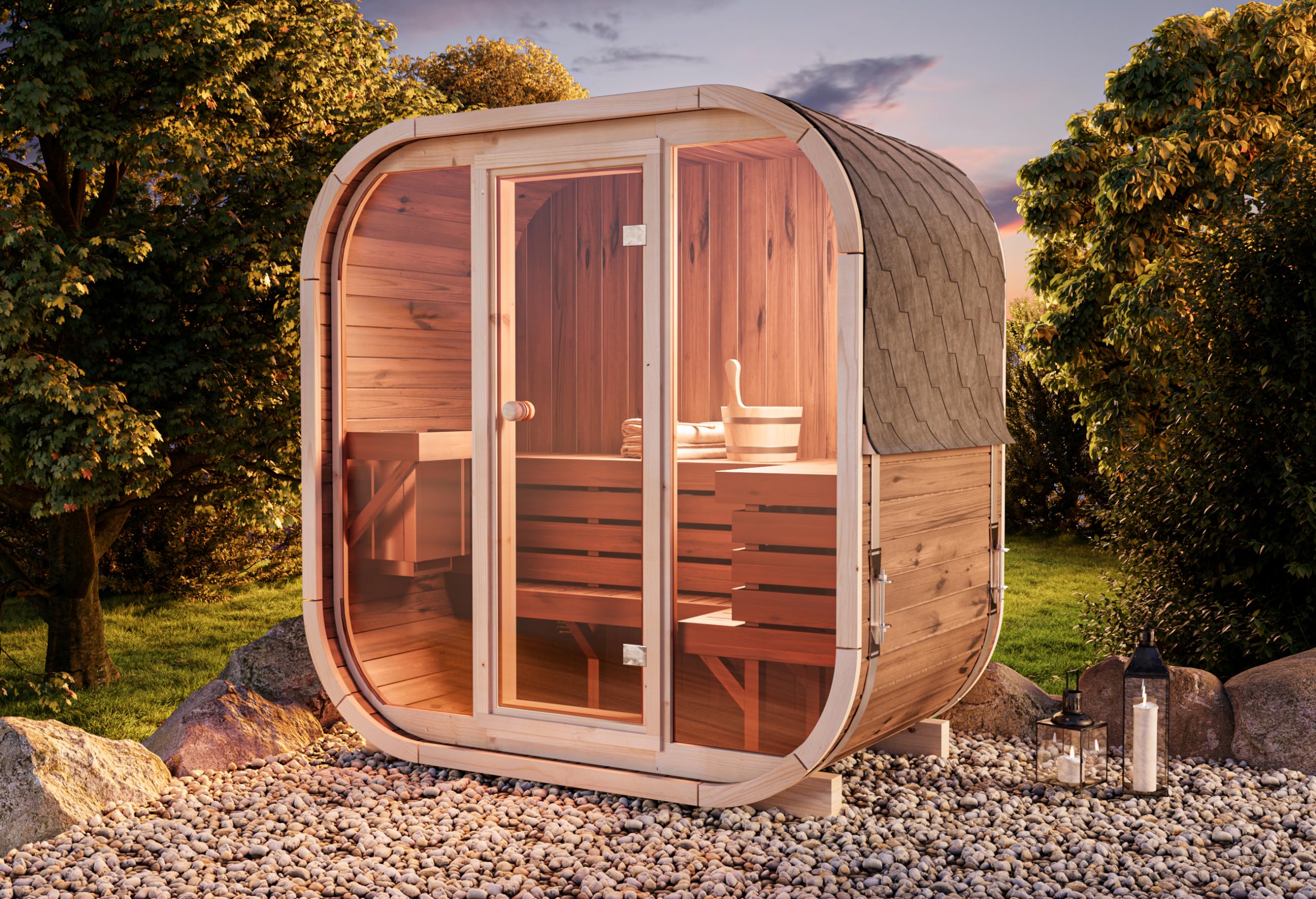 Fasssauna Ellipso M, Moderne Outdoor Sauna inkl. Dacheindeckung, Kompakte Gartensauna mit Glasfront, B 196 x T 119 x H 203 cm, 3 Personen