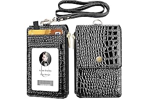 ELV Badge Holder with Zipper, PU Leather ID Badge Card Holder Wallet for Women