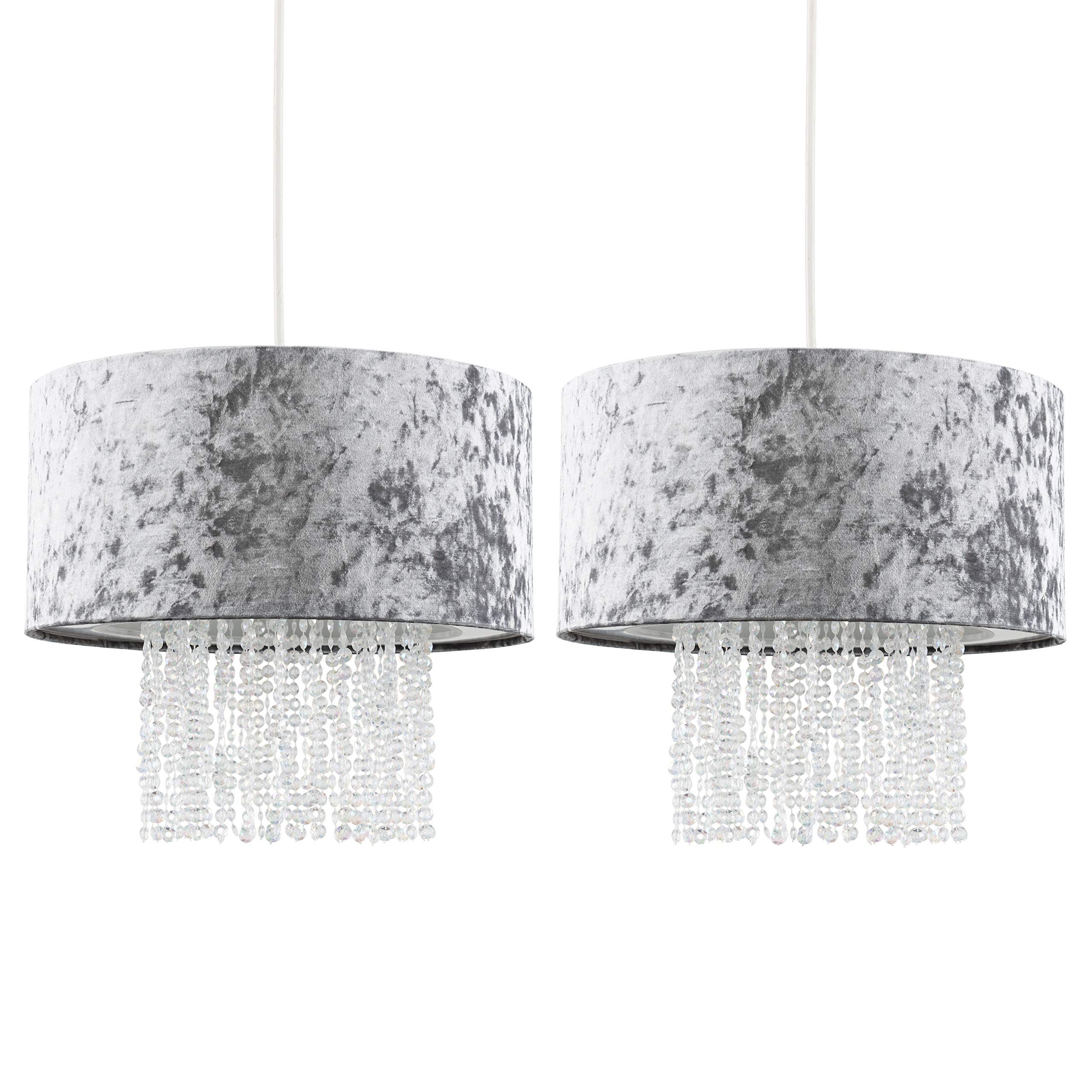 Minisun Silver Grey | Modern Velvet Ceiling Pendant Light Shades With Clear Acrylic Droplets | Pendant Lights, Home Décor & Improvement Essential | Set Of 2 | Includes Bulb | 33Cm Shade Width