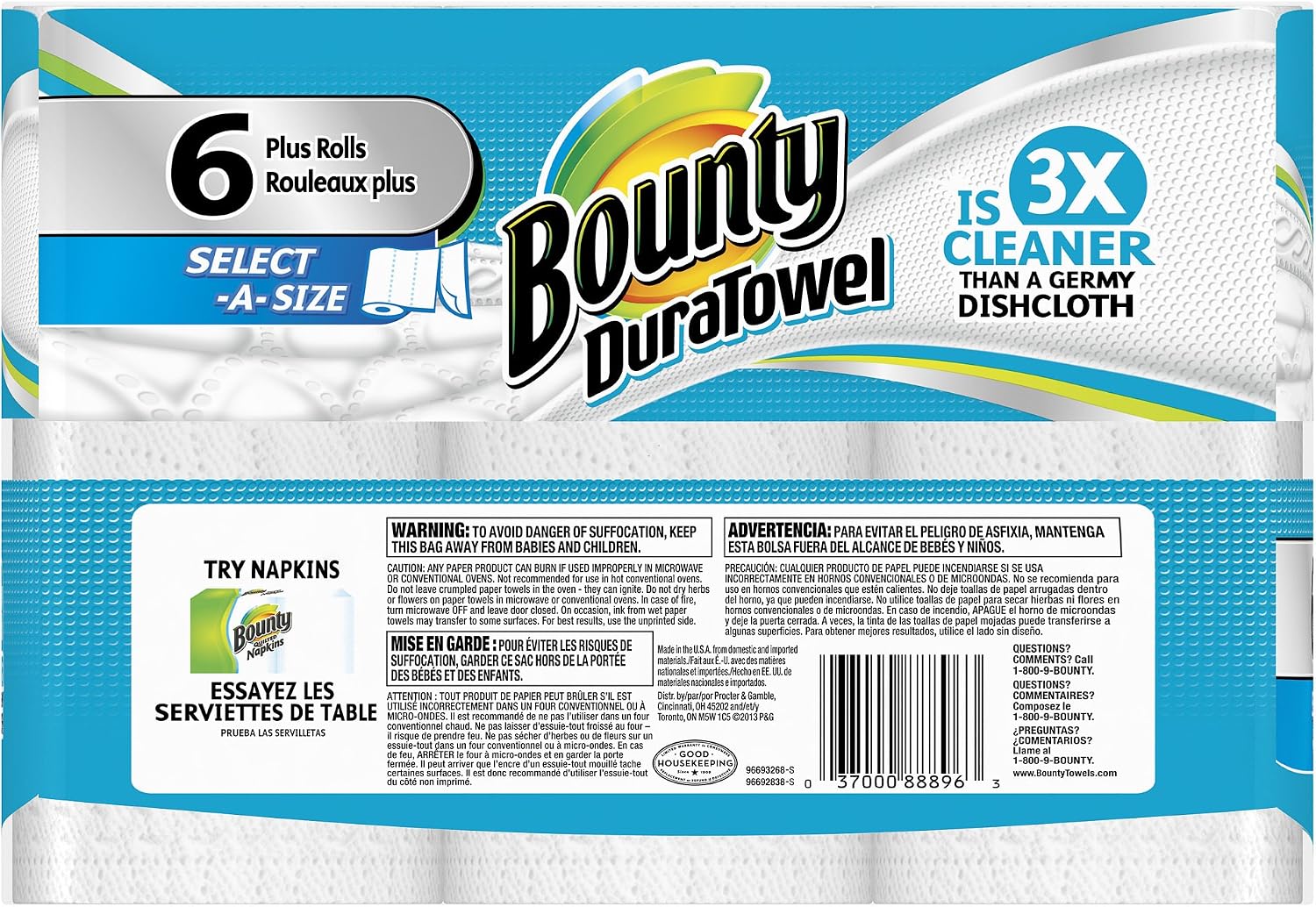Bounty DuraTowel Select-A-Size Paper Towels, White, 6 Plus Rolls