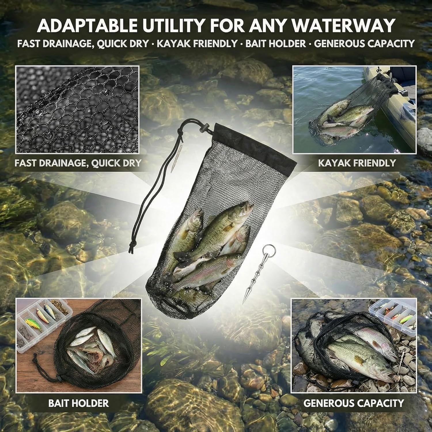 32" Collapsible Fishing Keep Net with Ground Spike, Portable Mesh Bag for Caught Fish, Heavy Duty Basket & Bait Holder, Red de Pesca for Kayak or Ice Fishing Livewell, Small Lobster Catching Net