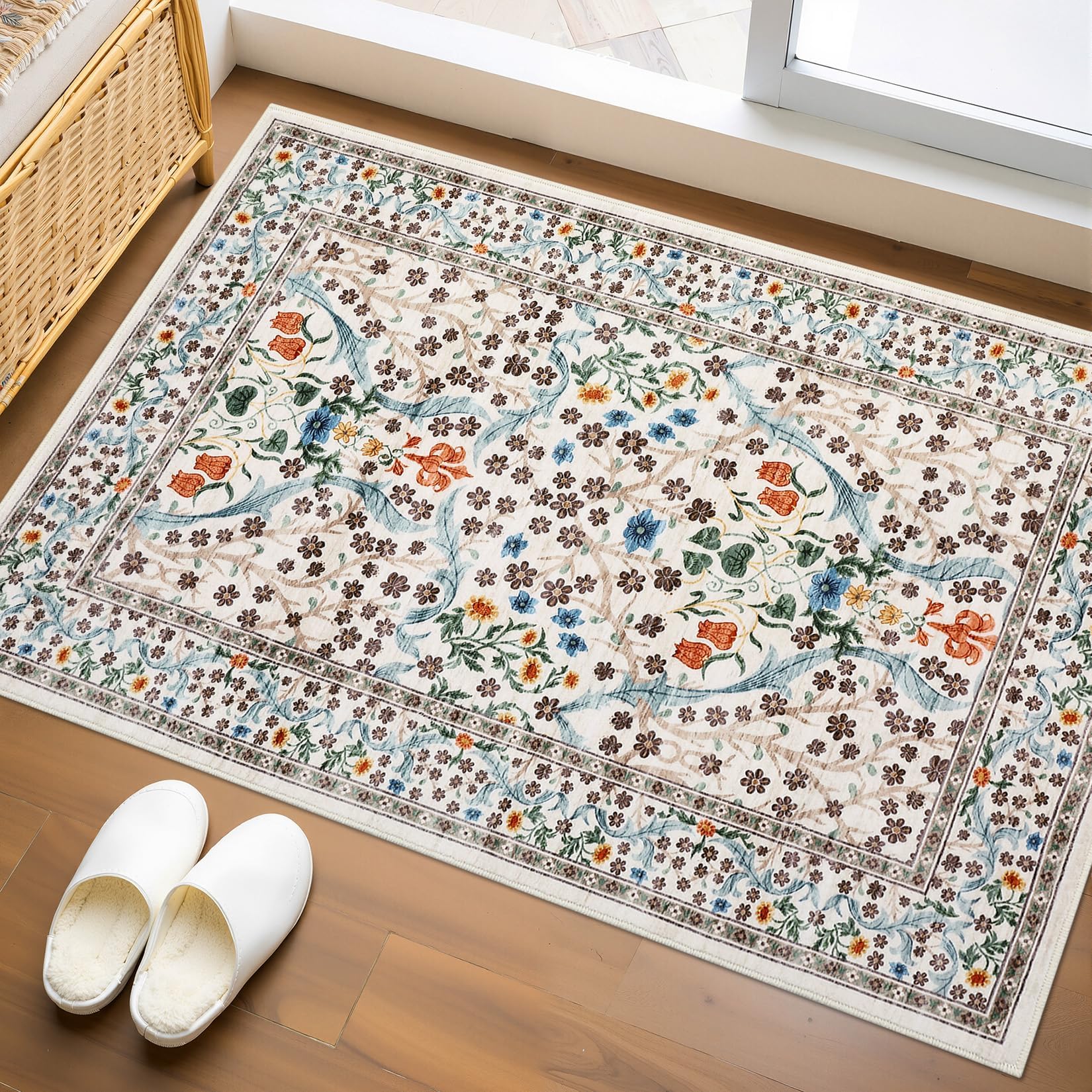 Floral Entryway Rug 60x100cm Beige Washable Front Door Entry Throw