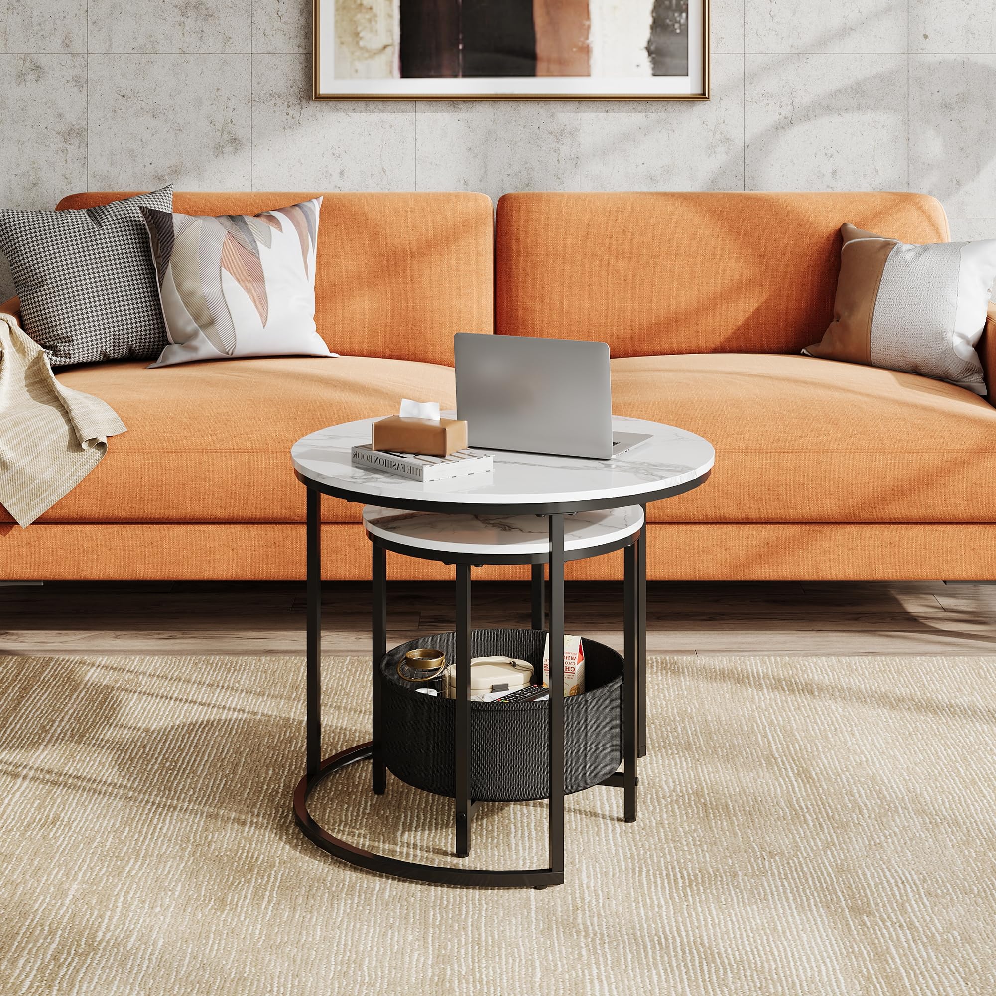 WLIVE Couchtisch 2er Set, Beistelltisch Rund mit Stauraum, Wohnzimmertisch Holz mit Metallrahmen, Sofatisch für Wohnzimmer Schlafzimmer (Marmor Weiß, 60 cm und 40 cm Durchmesser)