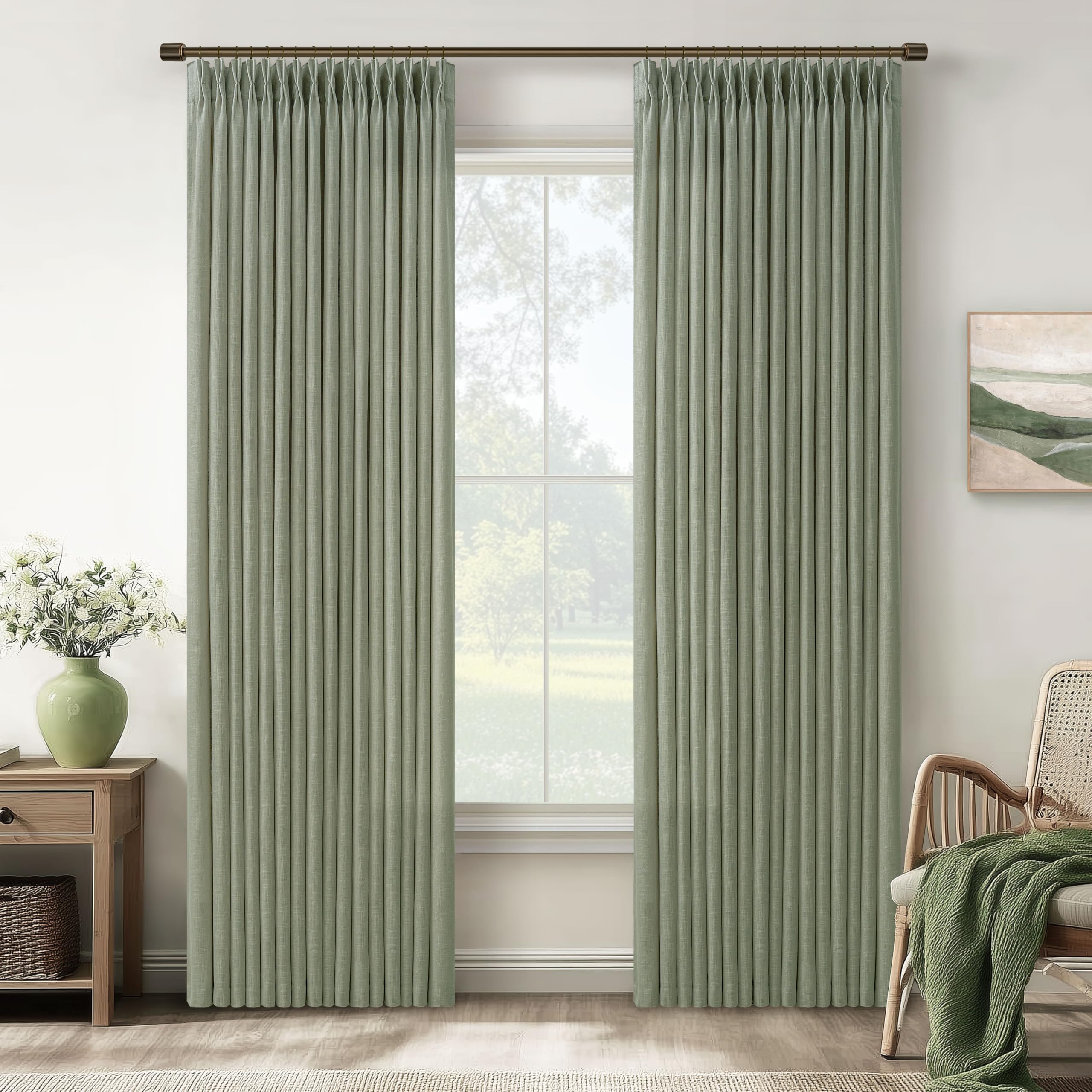 Photo 1 of 105 Inch Sage Green Curtains for Living Room Linen Blend Semi Sheer Pinch Pleated Drapes 105 Inches Long 2 Panels Set Light Filtering Privacy Window Curtains Light Green Rustic Country Home Decor