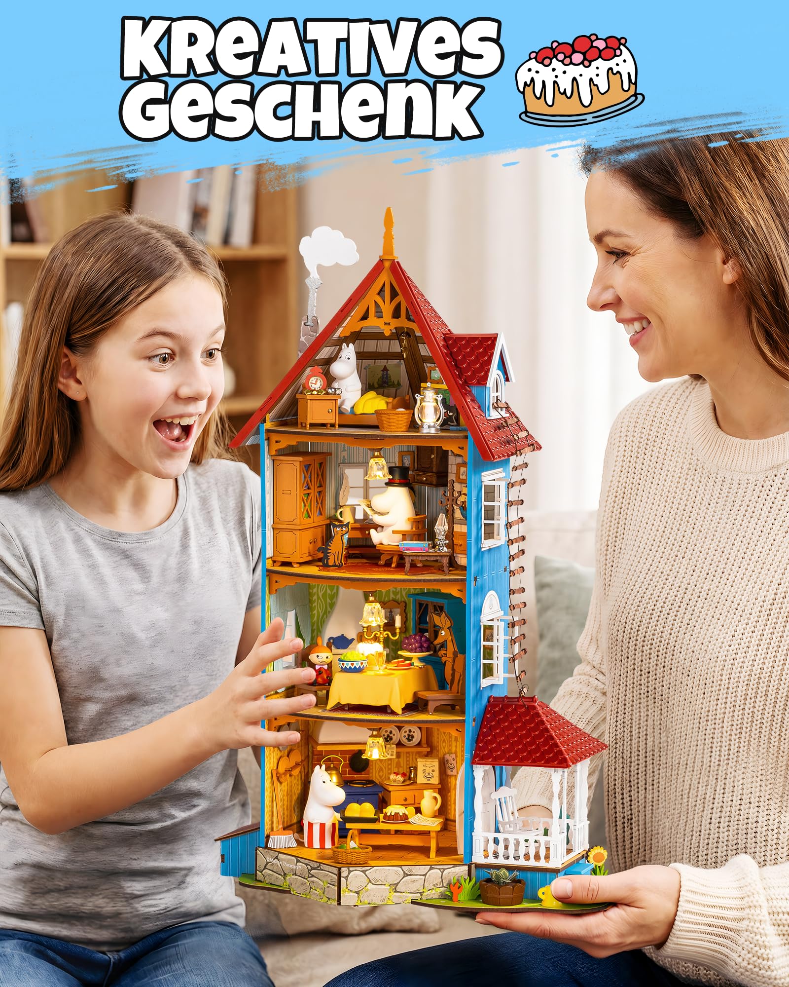 Rolife DIY Miniatur Puppenhaus Moominhouse 441 Teile Holz Bausatz | Offizielles Moomin 3D Holzpuzzle, 4-Ebenen Moominhaus mit LED, 4 Figuren, Klebstofffreies Bastelset, Deko Geschenk