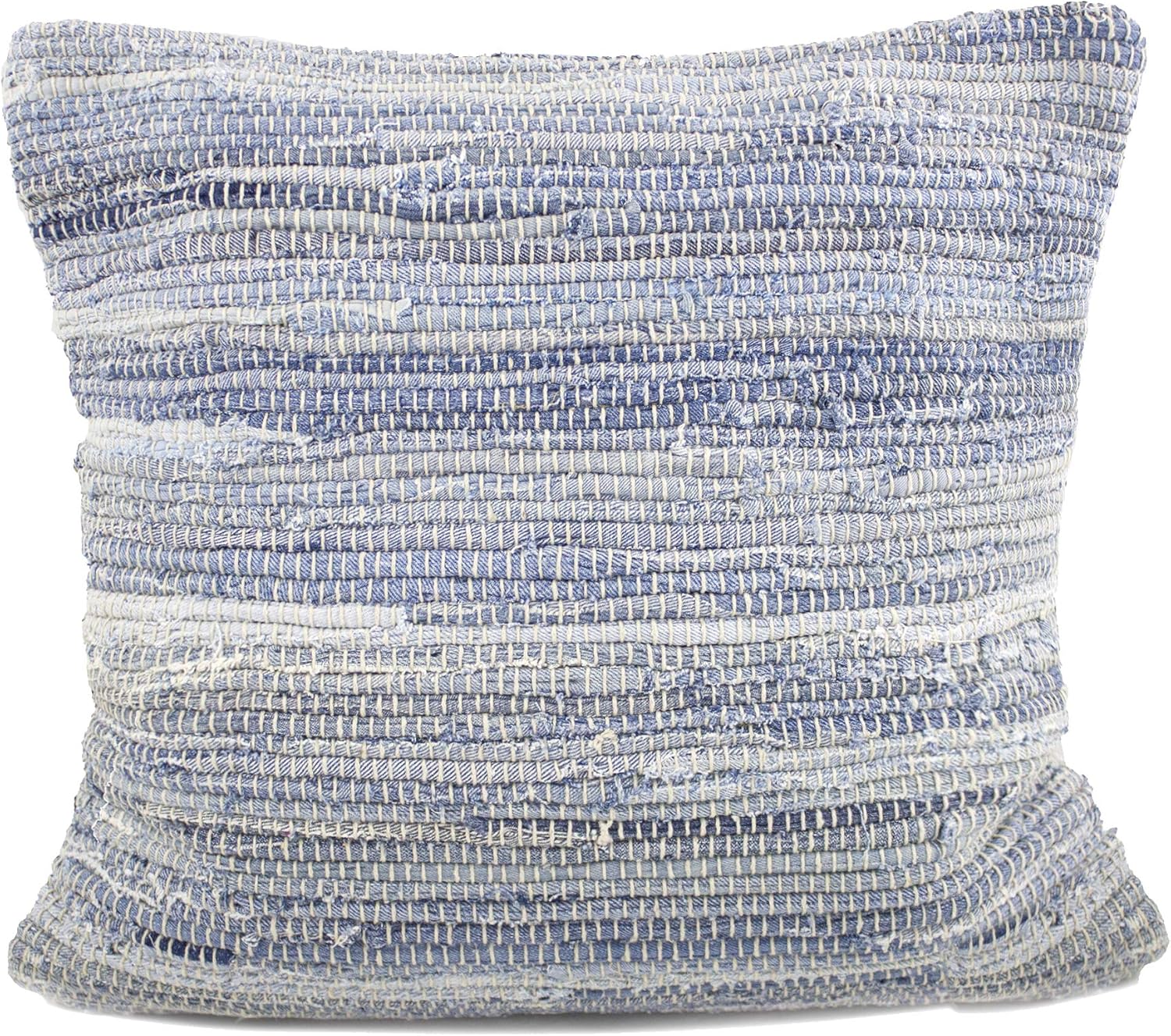 Fennco Styles Bohemian Chindi Cotton 20x20 Inch Throw Pillow Cover Only - Denim Woven Cushion for Couch, Bedroom & Living Room Decor, Denim Blue