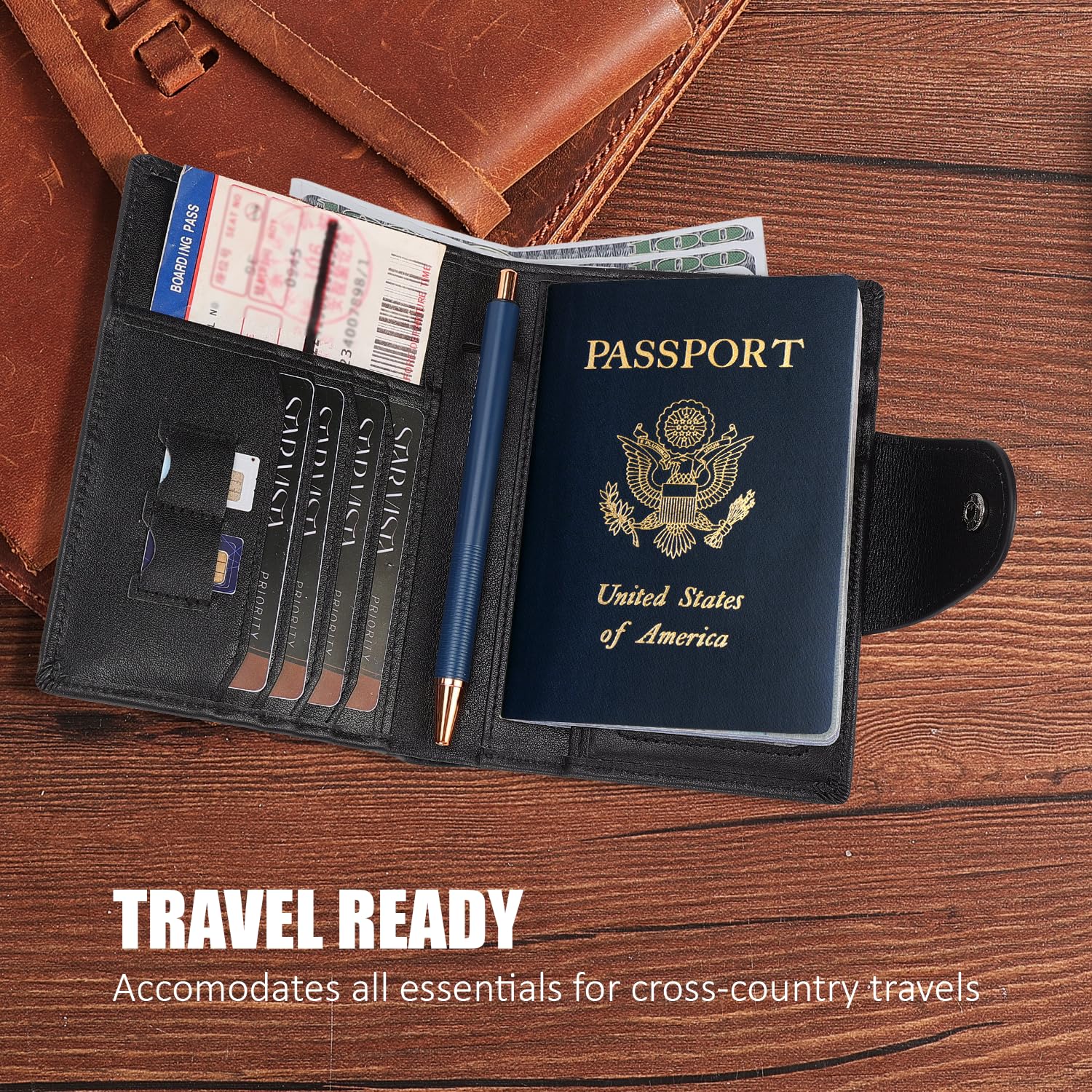 STAR VISTA Carmen Reisepass-Brieftasche aus Leder, doppelte Faltfächer, RFID-Blockierung, Ausweisfenster, 6 Kartenfächer, SIM-Fächer, AirTag-Fächer, Schwarz mit AirTag-Schlitz, Multifunktionales