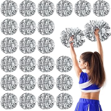 Yunsailing 24 Pack Cheerleading Pom Poms with Baton Handle 14.5 Inch Metallic Cheering Squad Pompoms for Team Sports Football Dance Cheering AdultsSilver