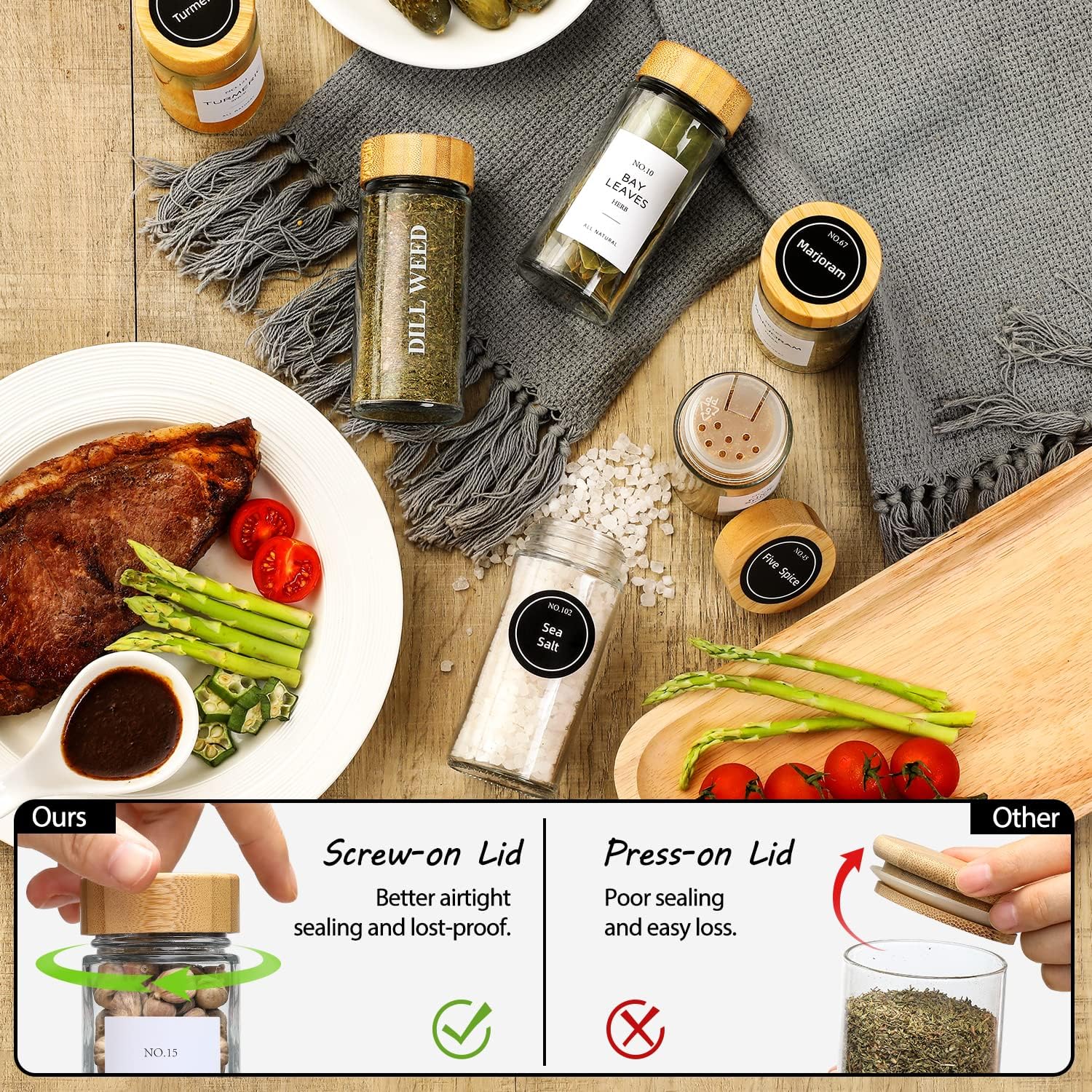 NETANY 36 Pcs Spice Jars with Bamboo Lids - 4 oz Round Glass Spice Jars with Labels, Minimalist Farmhouse Spice Labels Stickers, Collapsible Funnel, Seasoning Bottles for Spice Rack, Cabinet, Drawer