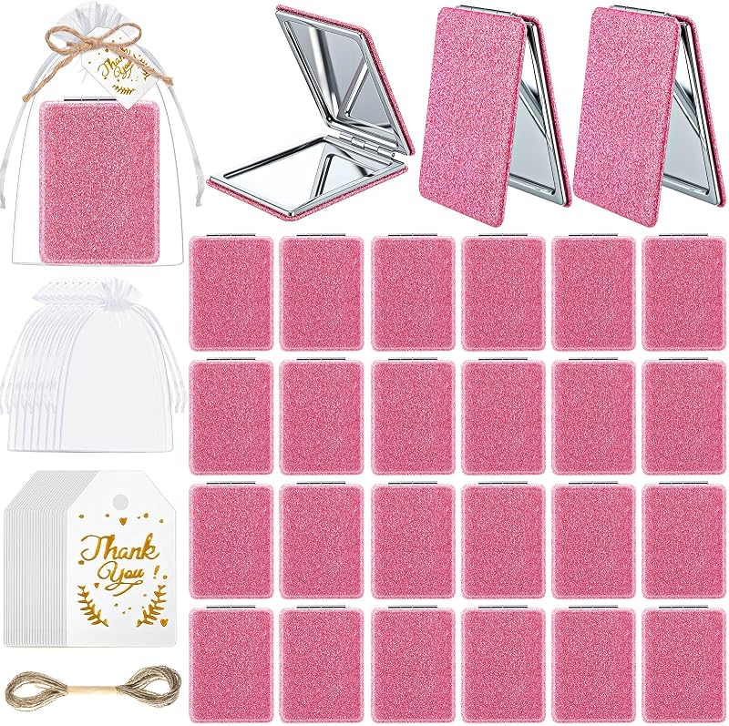 RattanView Kit com 12 espelhos compactos rosa com aumento 1x/2x, bolsas de organza, cartões Thank You e cordão de juta