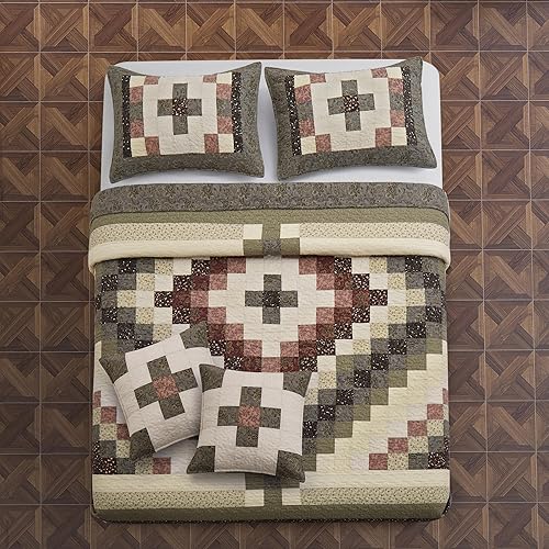 Miniatura 3 de Juego de edredón de 5 piezas con diseño de retazos, tamaño California King, colcha con estampado a cuadros extragrande en verde y rojo beige, 100%