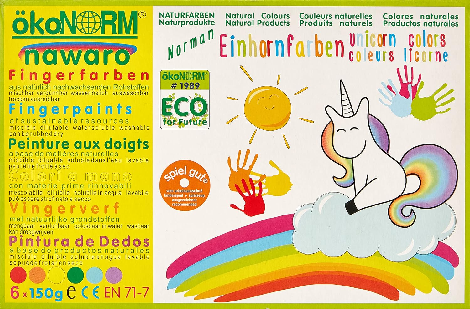 ökoNORM (Oekonorm) Nawaro Finger Paints, 6 Colour Set Unicorn (Red, Orange, Yellow, Green, Cyan, Violet), One Size, Varied