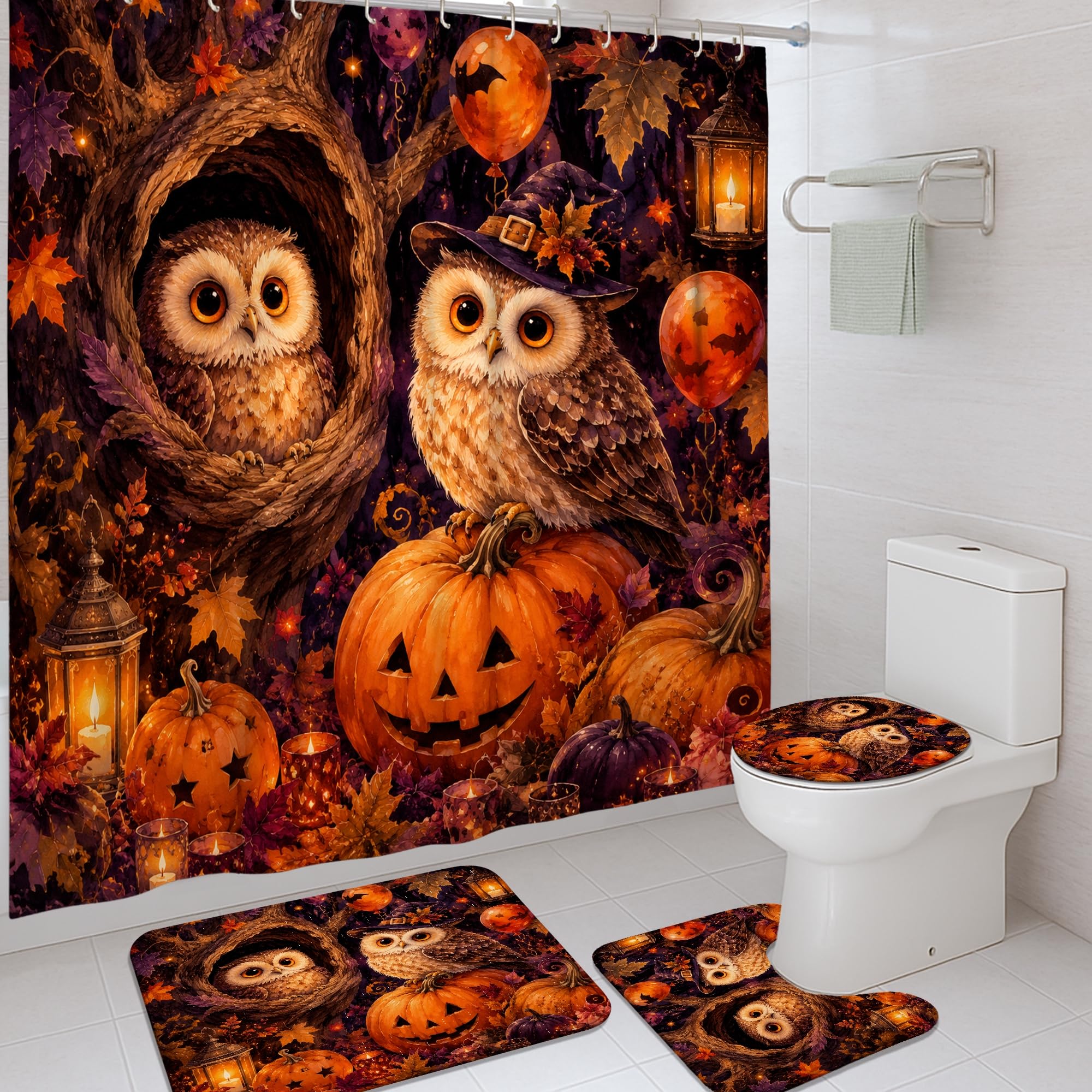 Rideau de douche hibou et citrouilles pour instaurer la magie de l'automne chez soi