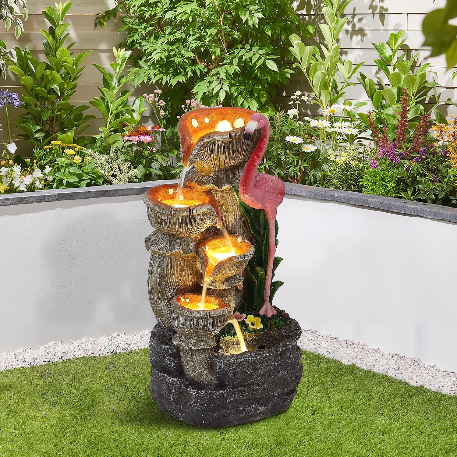 Flamingo Outdoor Water Fountain, 5 Tiered Waterfall Fountains with LED Lights, Floor Garden Waterfalls Outside, Modern Cascading Flow Fountain for Garden, Yard, Patio, Home Decor