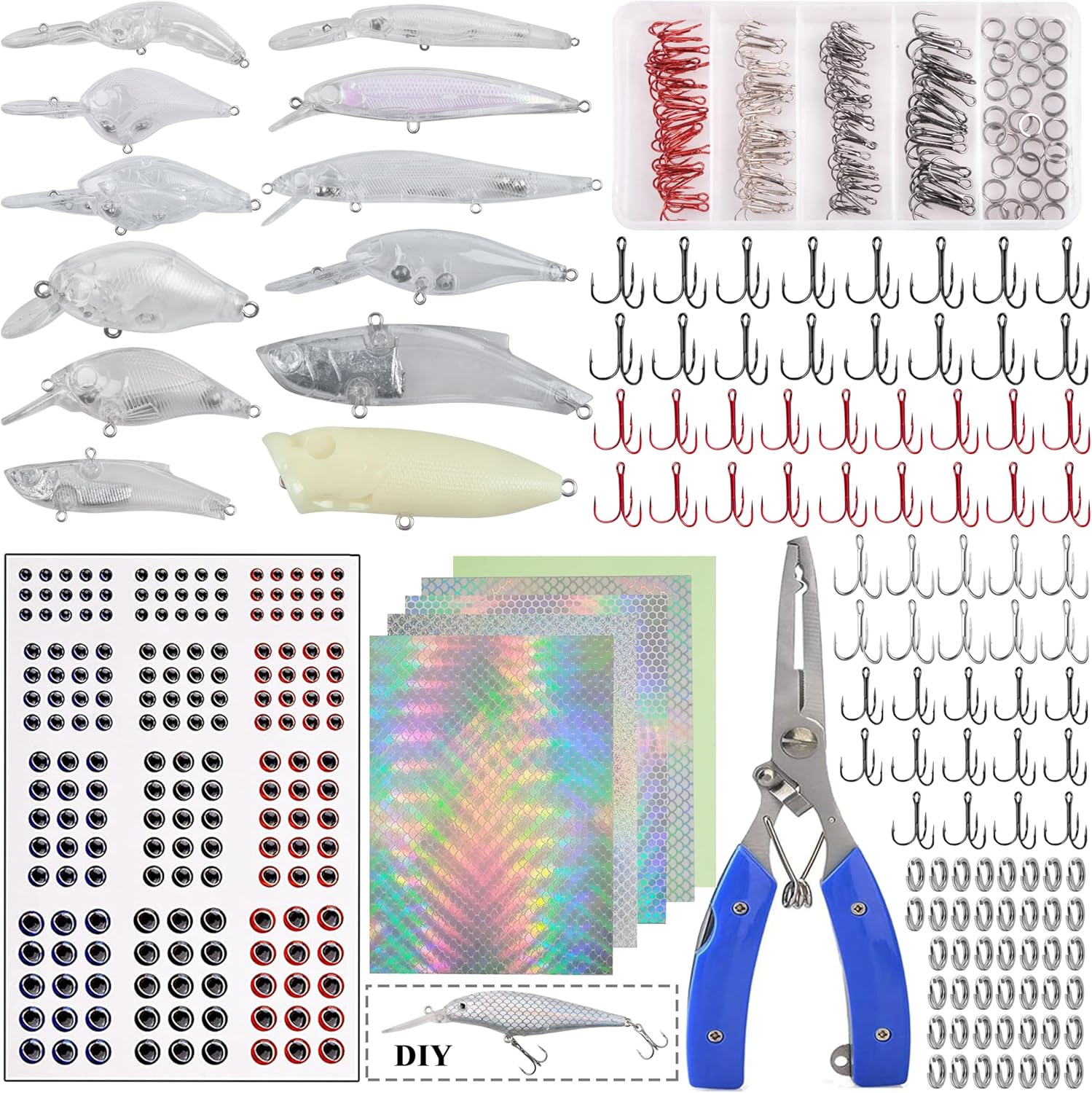 Unpainted Fishing Lures Making Kit, 321pcs DIY Blank Crankbaits Minnow Hard Bait Set with Treble Hooks,Split Rings,3D Eyes,Fishing Lure Stickers Pliers DIY Fishing Tackle