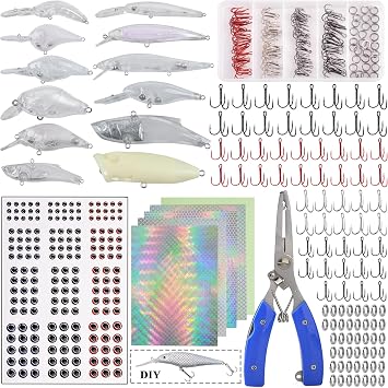 Unpainted Fishing Lures Making Kit, 321pcs DIY Blank Crankbaits Minnow Hard Bait Set with Treble Hooks,Split Rings,3D Eyes,Fishing Lure Stickers Pliers DIY Fishing Tackle