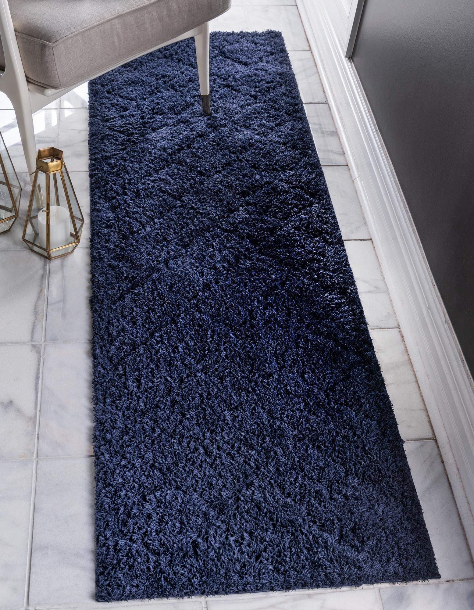 Rugs.com Lattice Shag Collection Rug – 10 Ft Runner Navy Blue Shag Rug Perfect for Hallways, Entryways