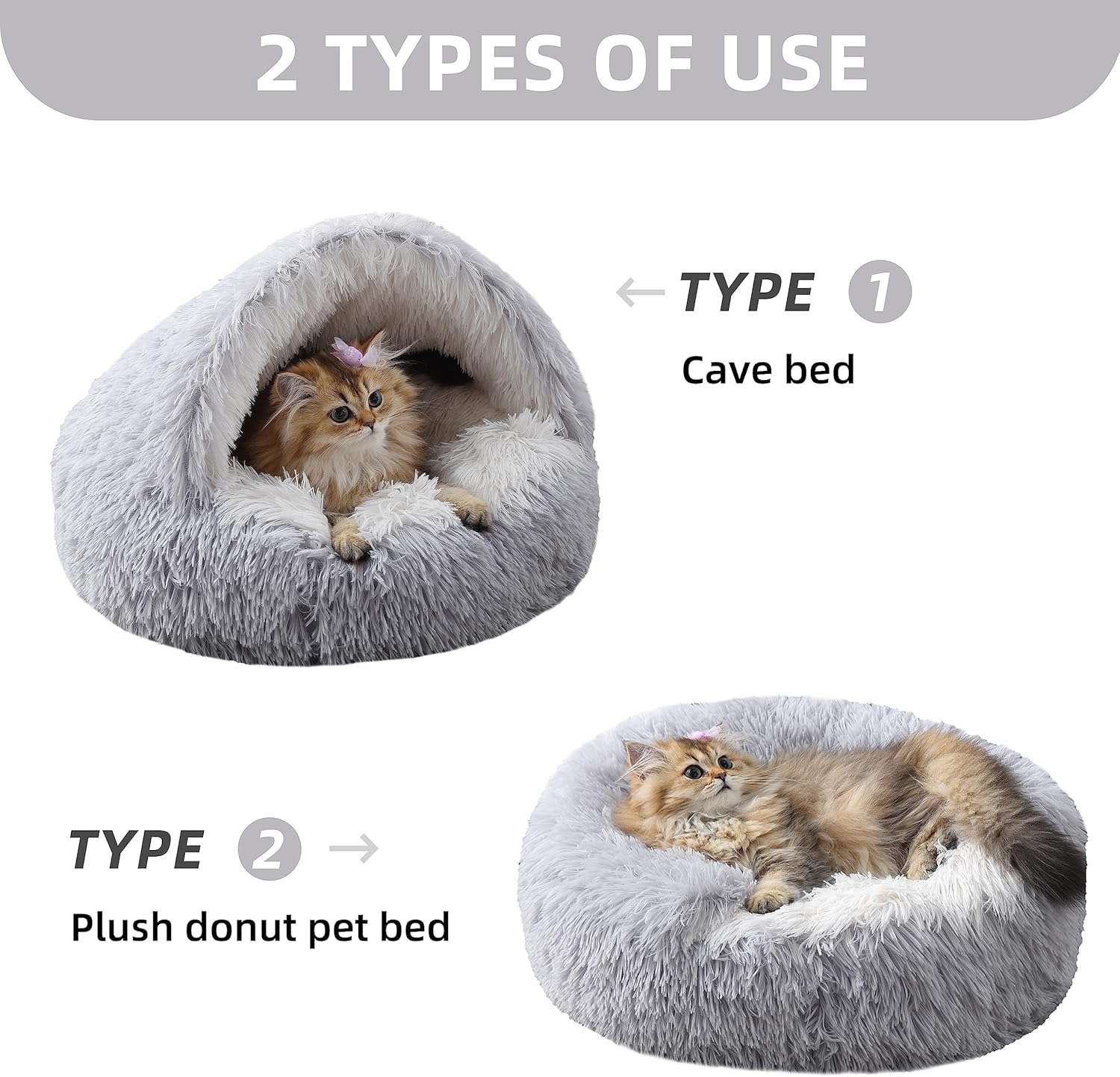 Cat Bed Round Plush Fluffy Hooded Calming Cat Bed Cave,Self Warming pet Bed with Non-collapsed Cover for Indoor Cats or Small Dogs,Machine Washable,Anti-Slip&Waterproof Bottom,20",Grey
