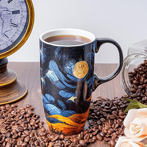 Miniatura 67 de Taza de café de viaje de cerámica con tapa para el hogar y la oficina, taza de té alta de porcelana de 17 onzas con mango de arte floral en caja