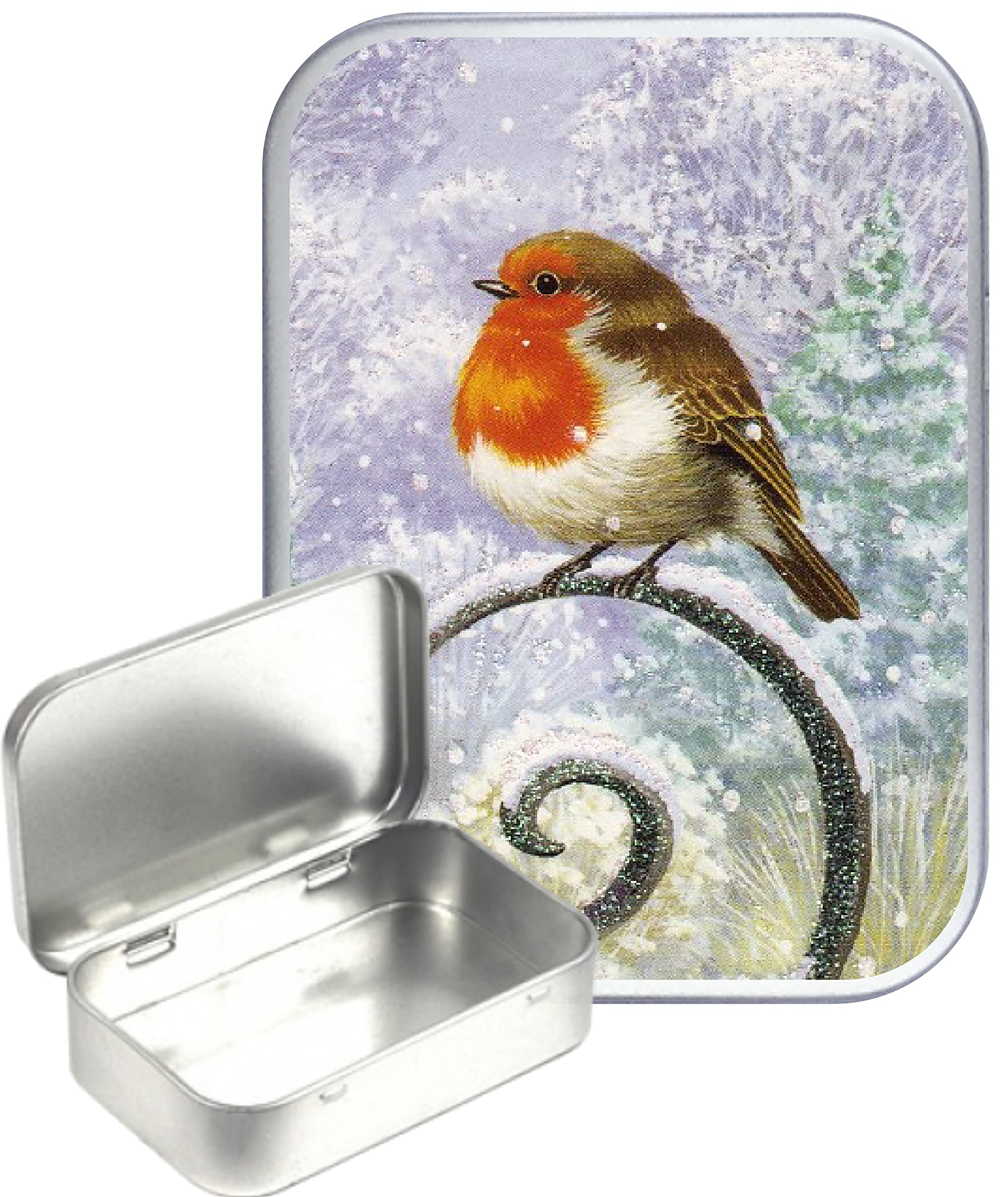 TEEZ Festive Robin Silver Hinged Tin,Small 30ml Tin, Pill Tin, Pocket tin, Gift Box, 1oz Tobacco tin, Herb Tin