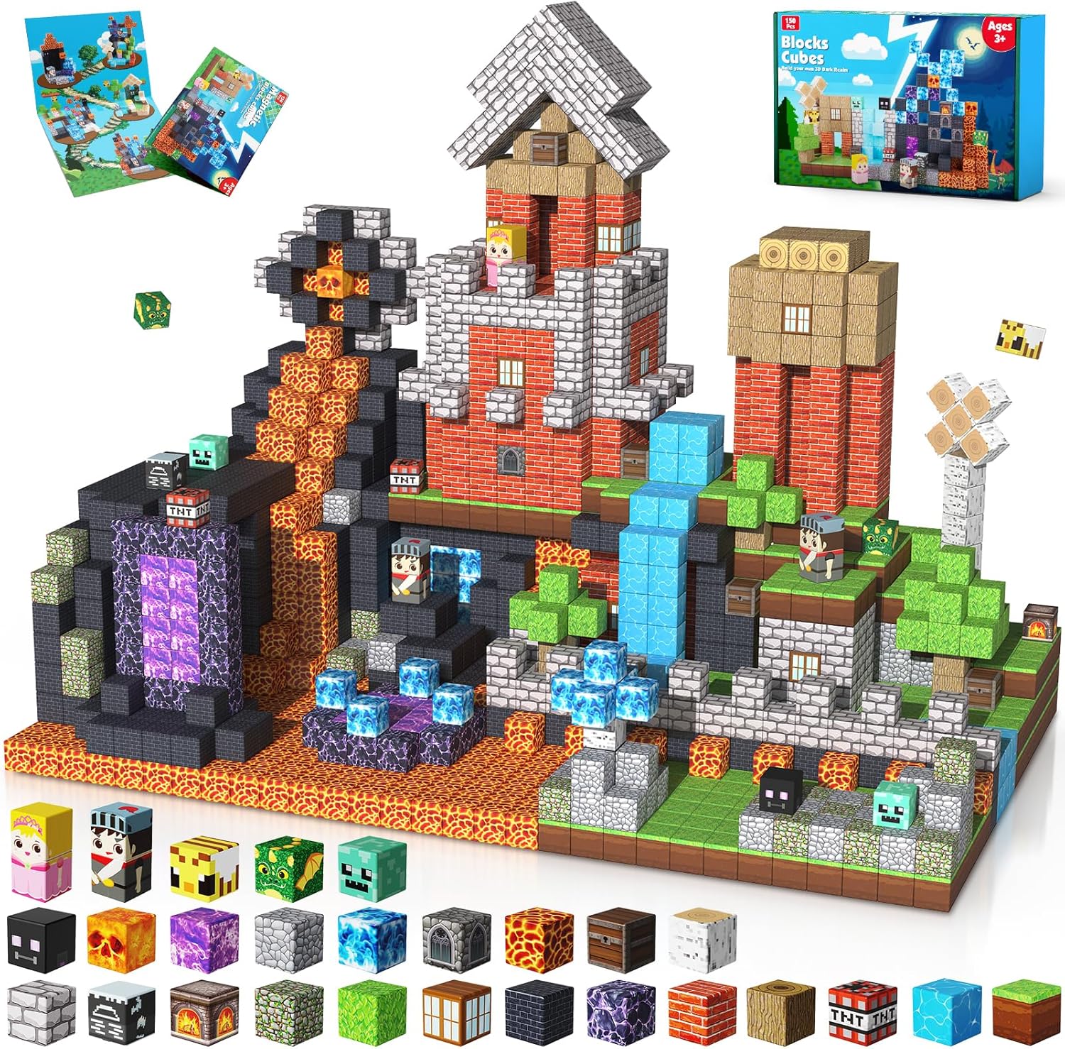 150PCS Magnetic Blocks - Magnet Building Blocks, Stacking Magents Cubes Toys Forest Dark Castle Set, STEM Montessori Sensory Toys for Kids Boys and Girls Ages 3 4 5 6 7 8 9 10 Christmas Birthday Gifts