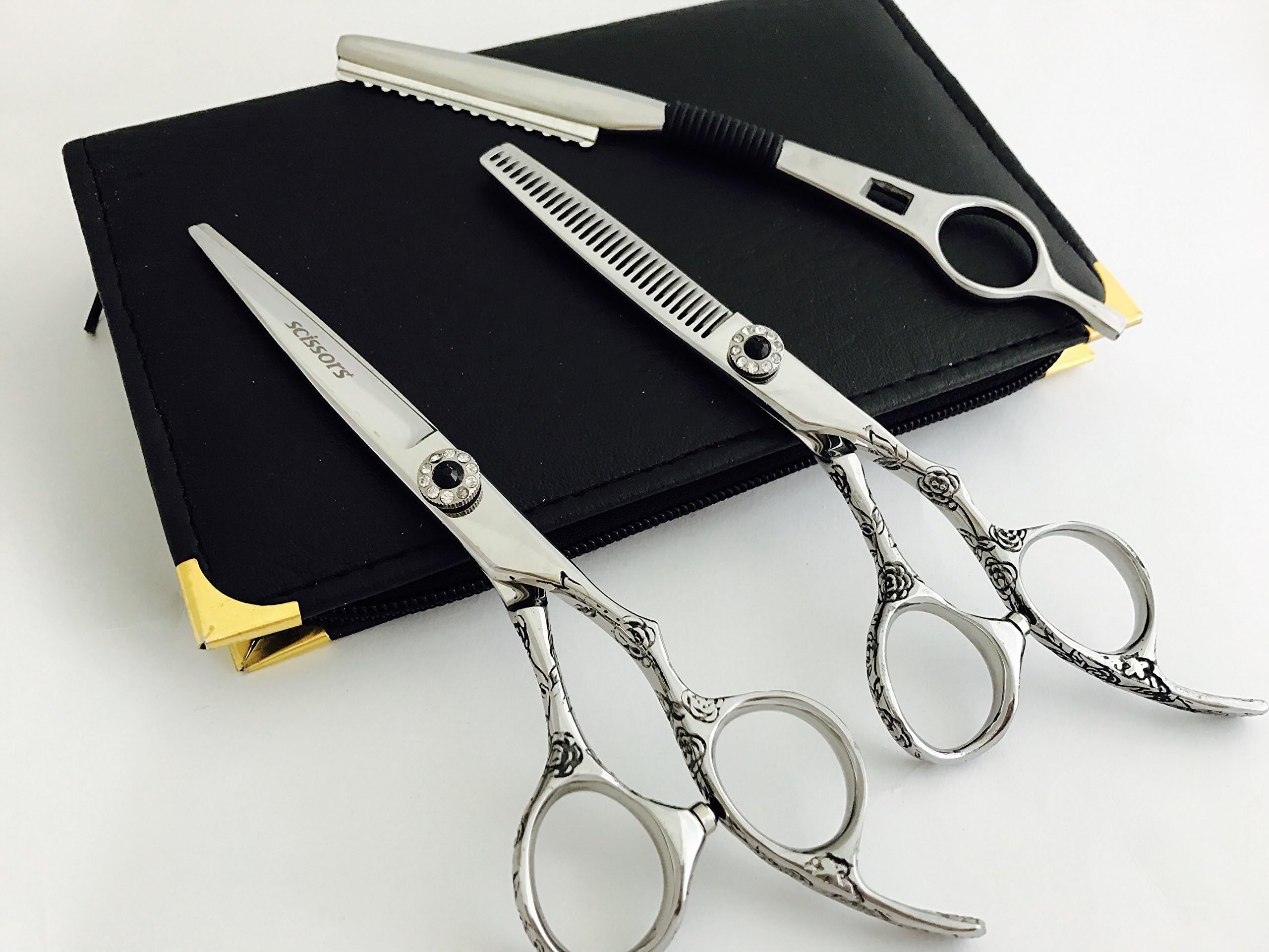 6" Professional Barber Razor Edge Titanium Coated Hair Cutting and Texturizing Shears Scissors Set+case