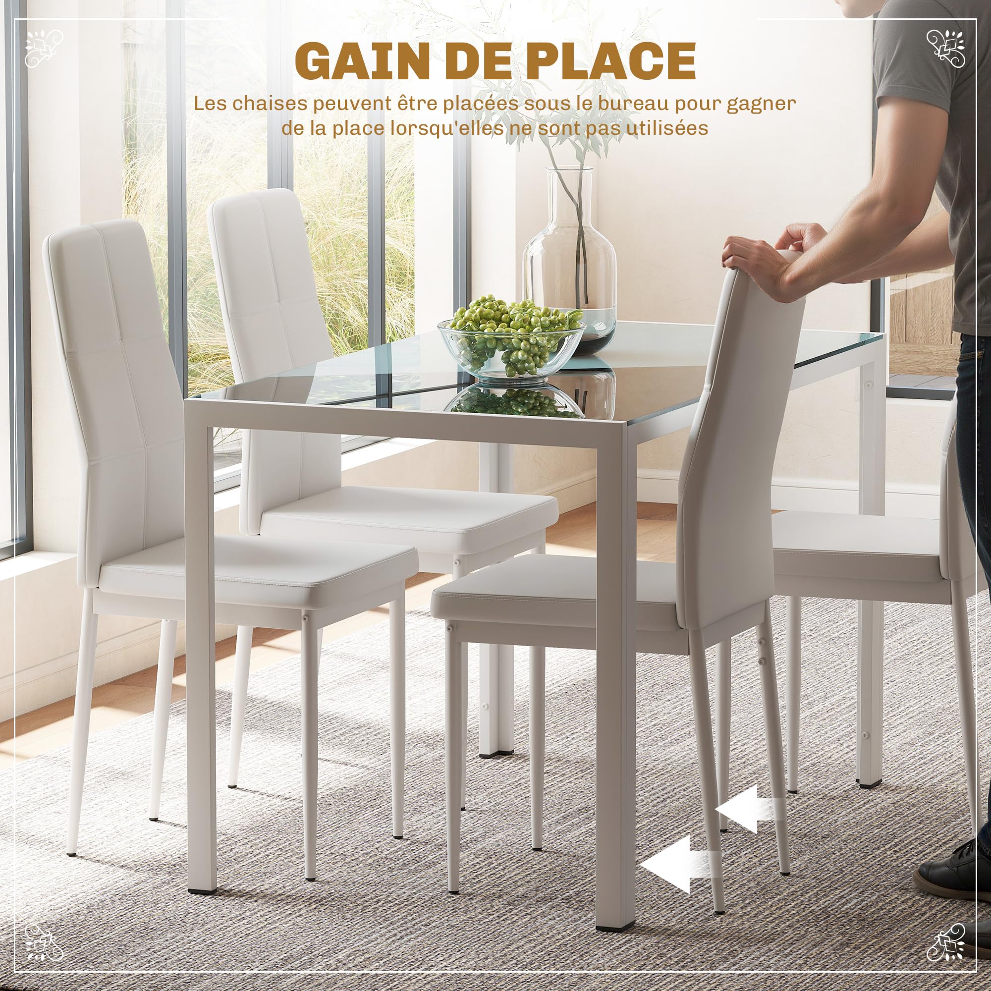 HOMCOM Ensemble Table à Manger avec 4 Chaises, Table de Cuisine en Cuir Synthétique, Verre Trempé, Acier, Blanc