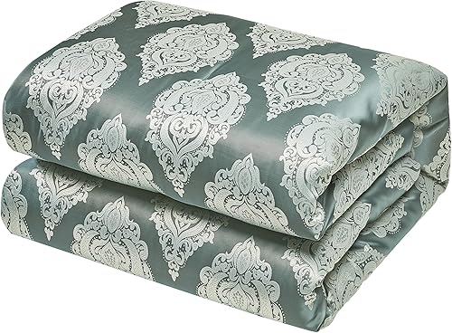 Miniatura 7 de Trinity - Juego de edredón de lujo de 7 piezas, edredón tradicional de medallón jacquard gris y verde con cojines decorativos y fundas de almohada,