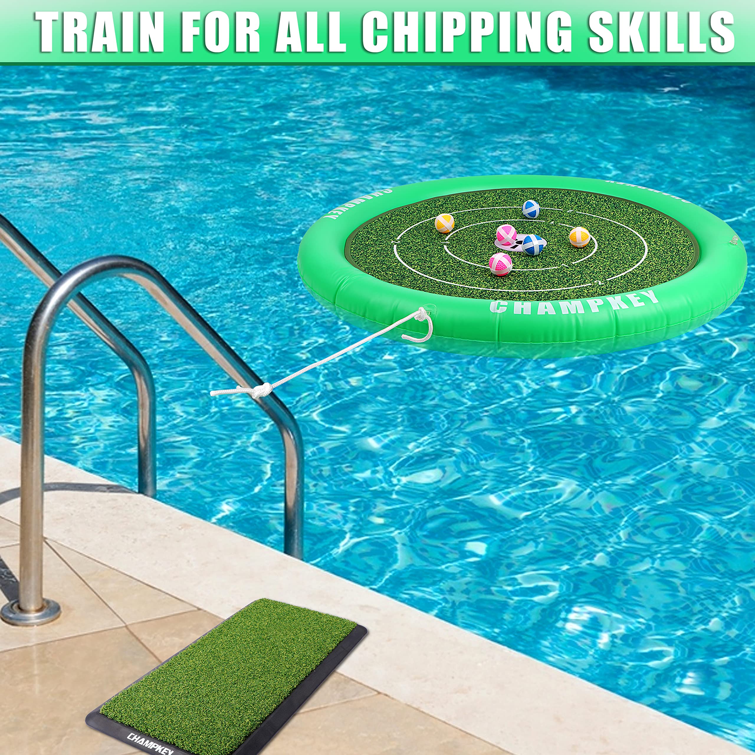 CHAMPKEY 3' x 3' Floating Golf Chipping Green - Premium Floating Golf Chipping Game - Come with Golf Hitting Mat, 16 Practice Balls, Air Pump and Nylon Rope