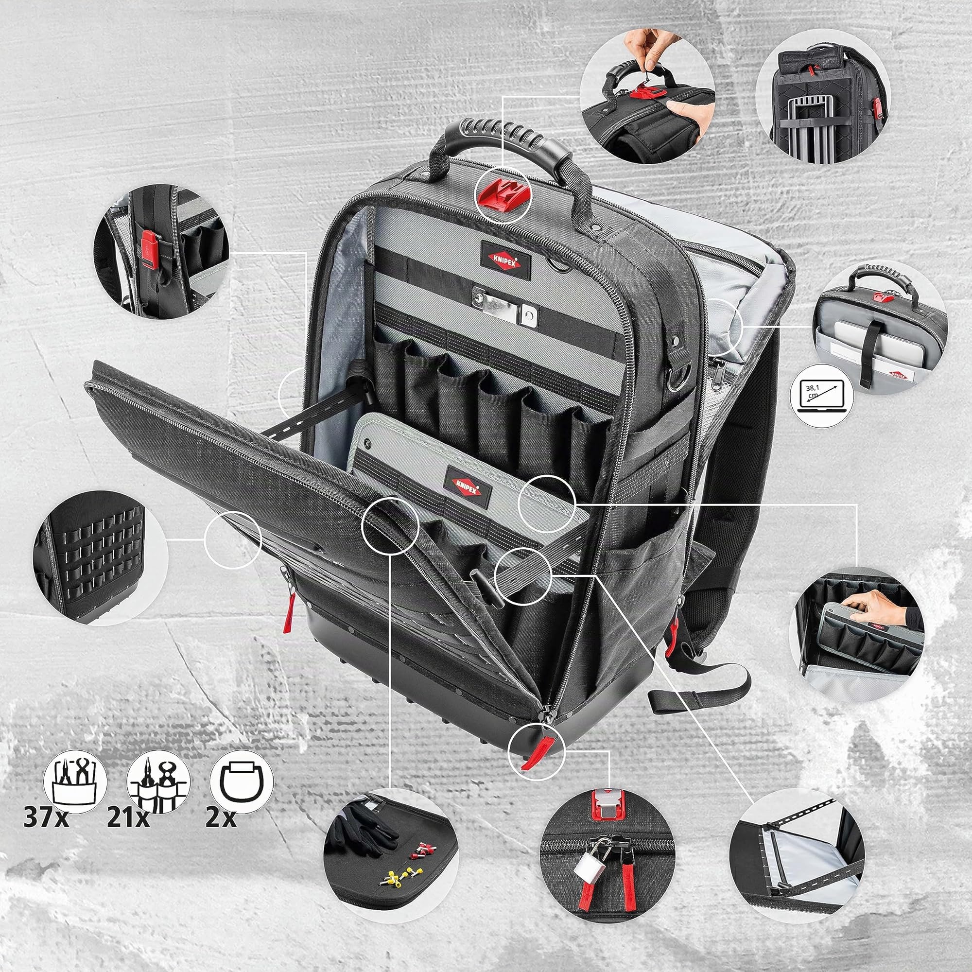 Knipex Modular X18 sac à dos à outils, vide, 58 compartiments d'insertion, 18 l, pochette pour ordinateur portable, 530 x 340 x 210 mm, 00 21 50 LE