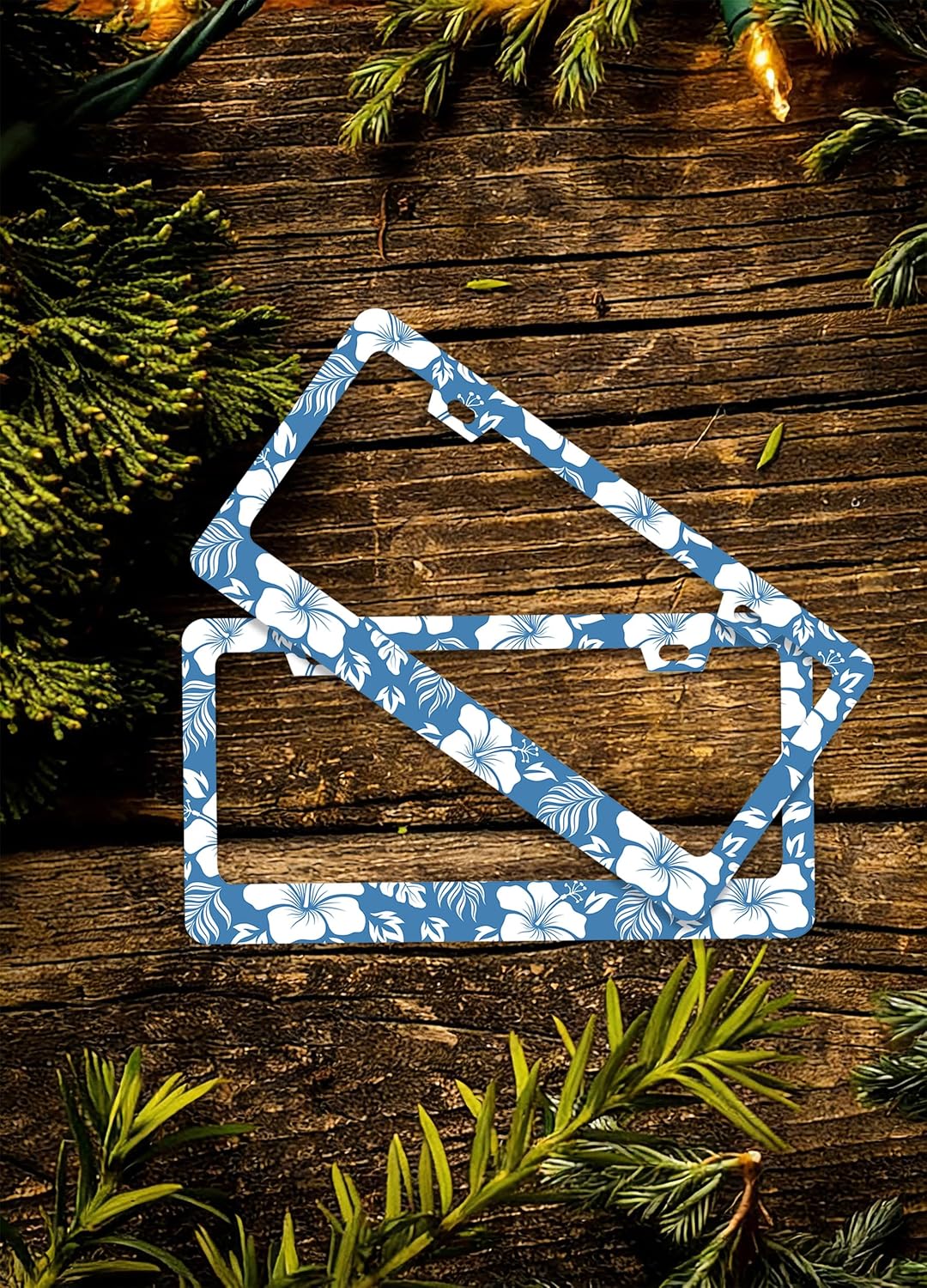 2 Pcs Blue Hawaiian Hibiscus Flowers License Plate Frames - 2 Holes Stainless Steel Metal Auto Car Accessories Decoration License Plate Frame Cover Size 6.3" x 12.2" Fit US Vehicles for Women Men Gift